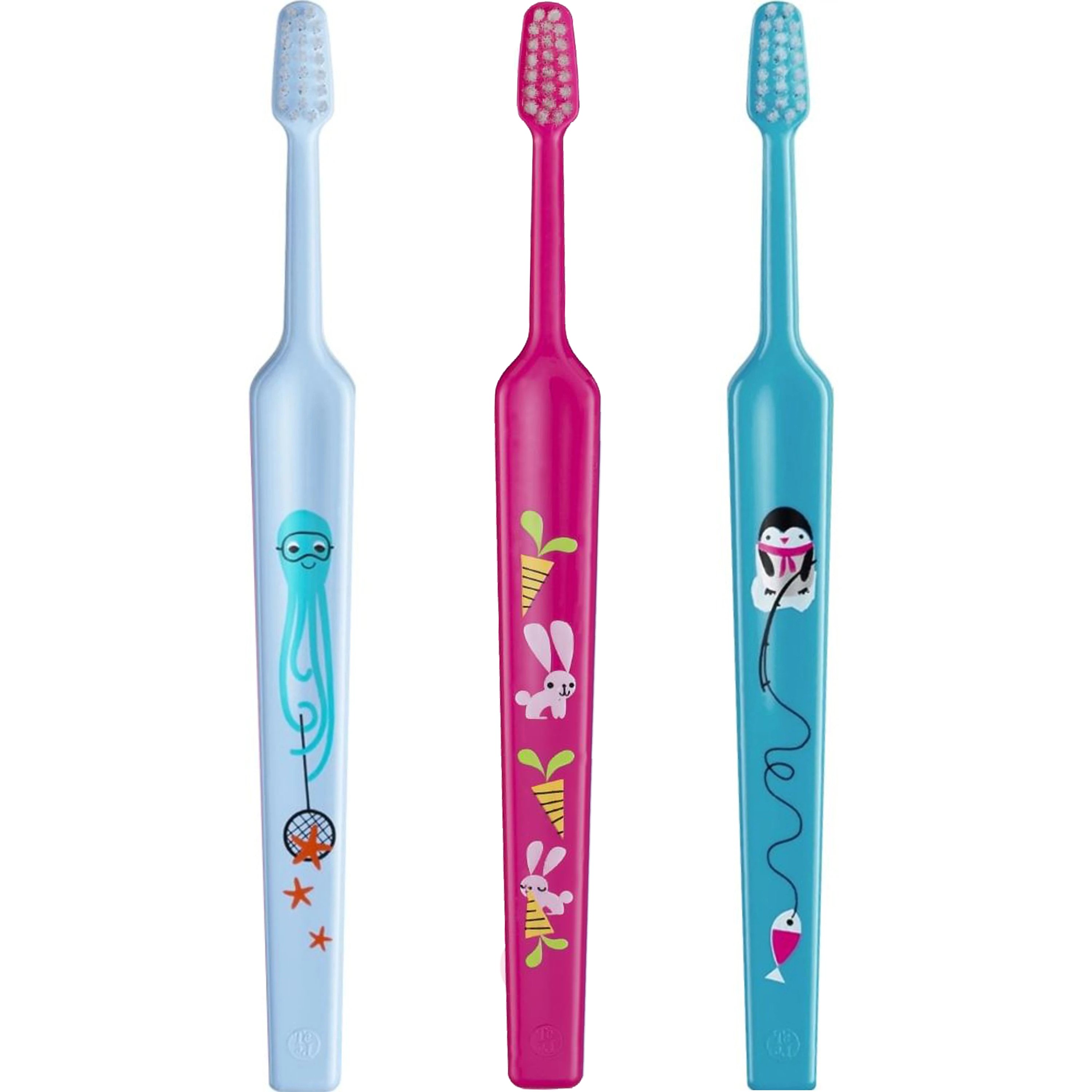 Tepe Kids Mini Extra Soft Toothbrush 0-3 Years Οδοντόβουρτσα με Μικρή Κωνική Κεφαλή & Πολύ Μαλακές Ίνες Κατάλληλη για τα Πρώτα Δόντια 3 Τεμάχια, Γαλάζιο / Φούξια / Μπλε