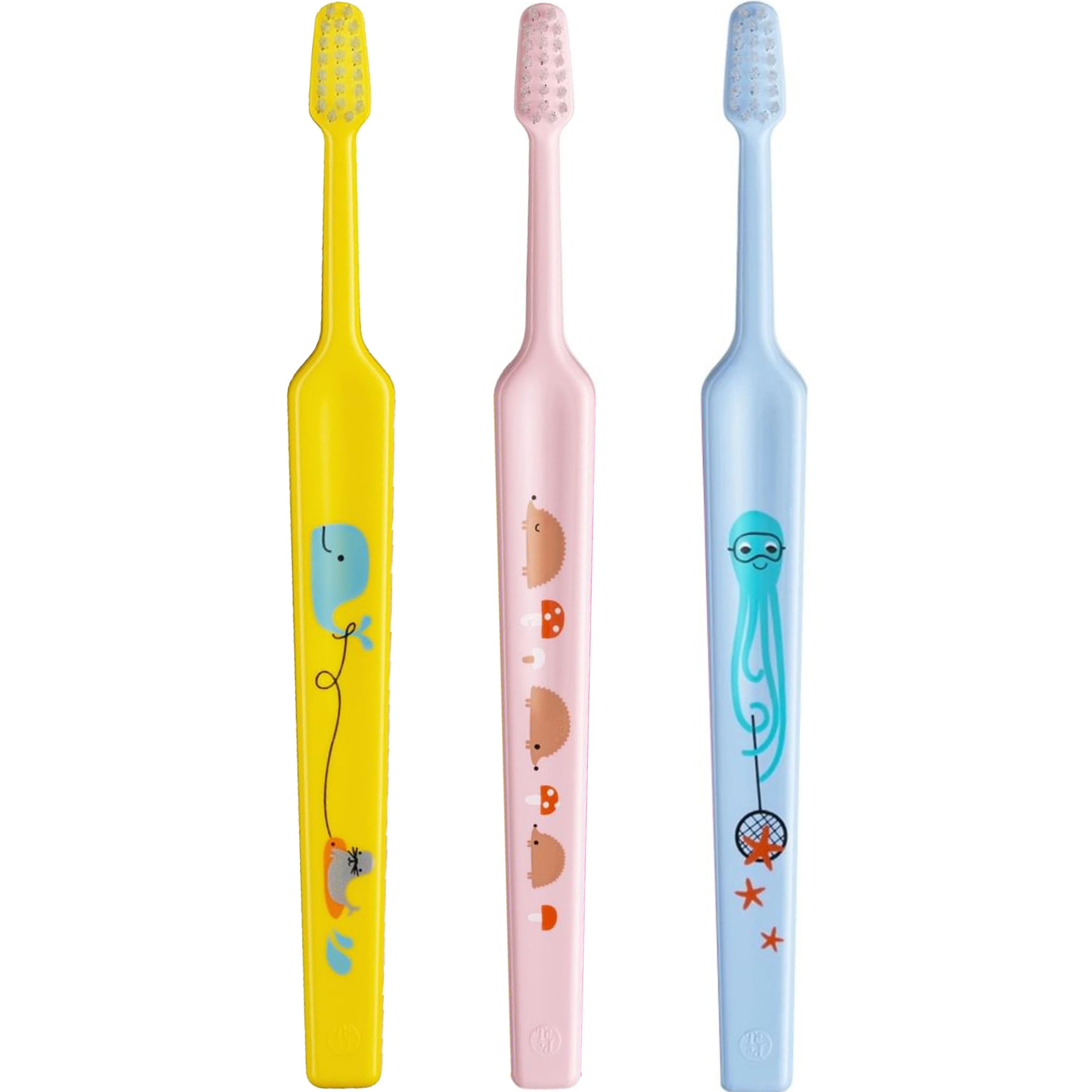 Tepe Kids Mini Extra Soft Toothbrush 0-3 Years Οδοντόβουρτσα με Μικρή Κωνική Κεφαλή & Πολύ Μαλακές Ίνες Κατάλληλη για τα Πρώτα Δόντια 3 Τεμάχια, Κίτρινο / Ροζ / Γαλάζιο