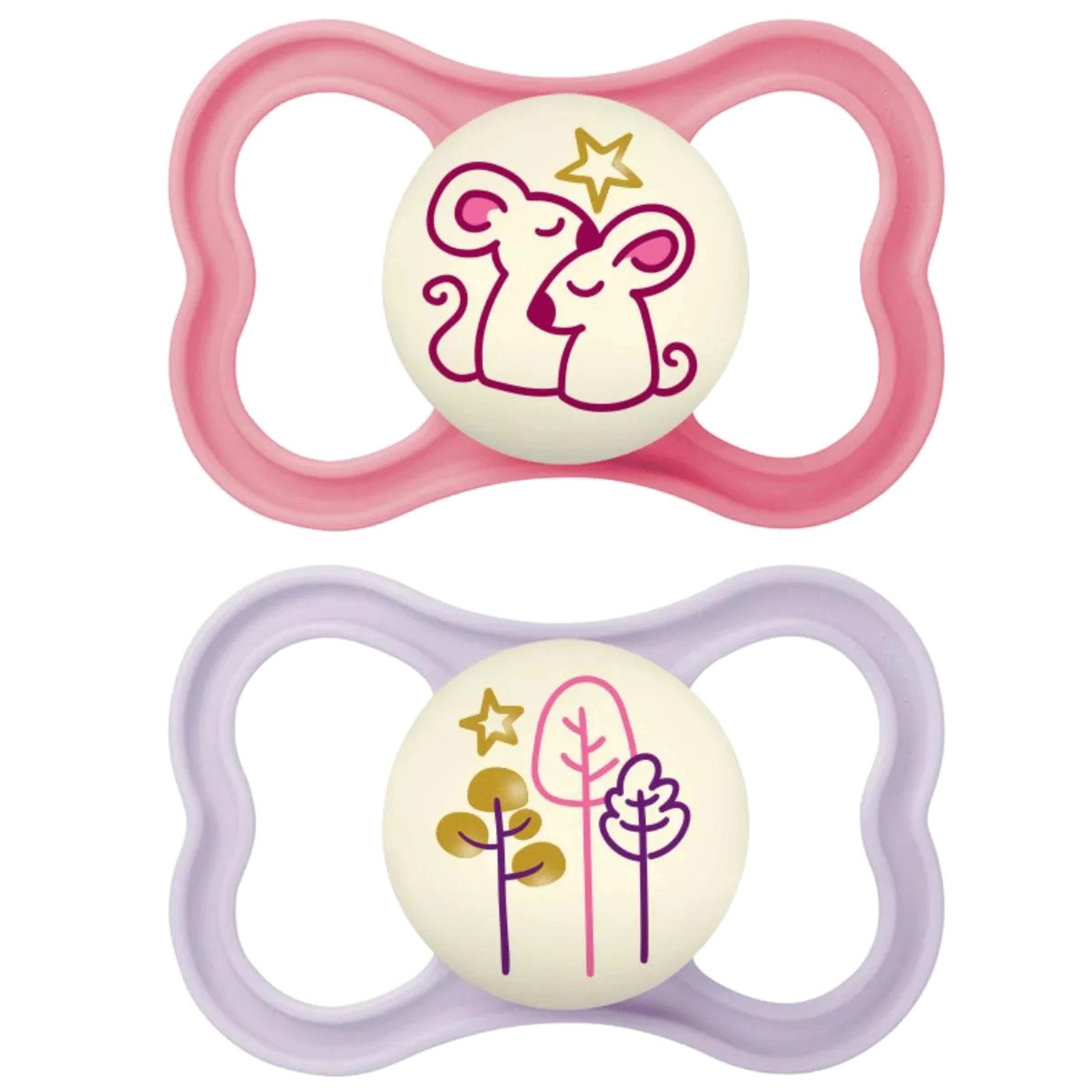 Mam Mam Air Night Silicone Soother 16m+ Ορθοδοντική Πιπίλα Σιλικόνης με Μεγάλες Οπές για Καλύτερο Εξαερισμό του Δέρματος της Περιστοματικής Περιοχής που Λάμπει στο Σκοτάδι 2 Τεμάχια, Κωδ 277SGc - Ροζ / Μωβ