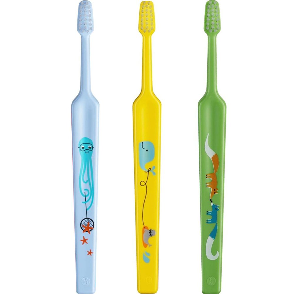 Tepe Tepe Kids Mini Extra Soft Toothbrush 0-3 Years Οδοντόβουρτσα με Μικρή Κωνική Κεφαλή & Πολύ Μαλακές Ίνες Κατάλληλη για τα Πρώτα Δόντια 3 Τεμάχια - Μπλε / Κίτρινο / Πράσινο