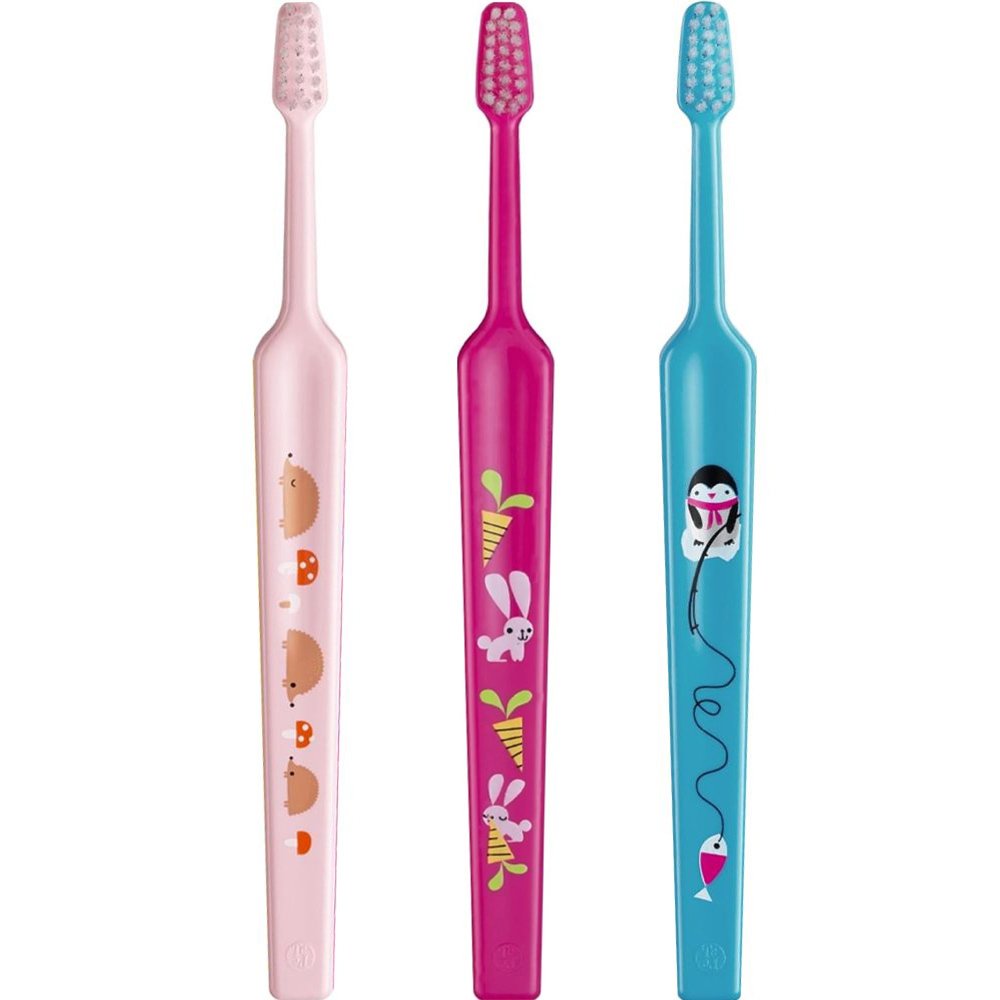 Tepe Tepe Kids Mini Extra Soft Toothbrush 0-3 Years Οδοντόβουρτσα με Μικρή Κωνική Κεφαλή & Πολύ Μαλακές Ίνες Κατάλληλη για τα Πρώτα Δόντια 3 Τεμάχια, Ροζ / Φούξια / Μπλε