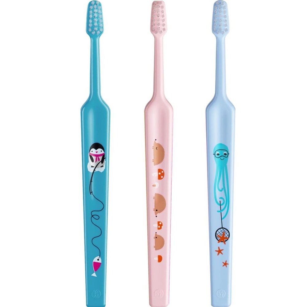 Tepe Tepe Kids Mini Extra Soft Toothbrush 0-3 Years Οδοντόβουρτσα με Μικρή Κωνική Κεφαλή & Πολύ Μαλακές Ίνες Κατάλληλη για τα Πρώτα Δόντια 3 Τεμάχια, Μπλε / Γαλάζιο / Ροζ