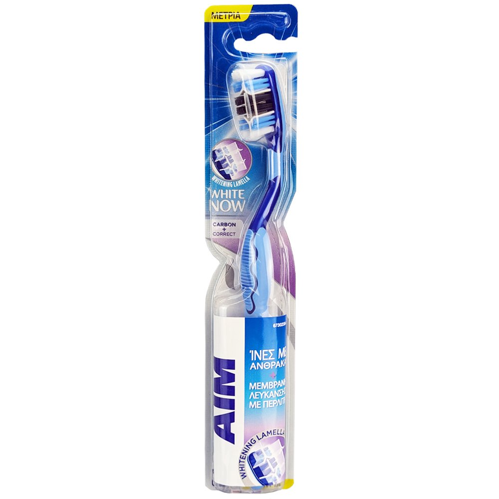 AIM Aim White Now Carbon+Correct Toothbrush Οδοντόβουρτσα με Μέτριες Ίνες Άνθρακα για πιο Λεία & Λευκά Δόντια με Προστατευτικό Κάλυμμα 1 Τεμάχιο - Μπλε