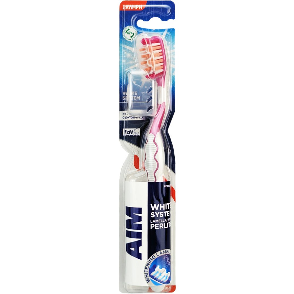 AIM Aim White Now Carbon+Correct Toothbrush Οδοντόβουρτσα με Σκληρές Ίνες Άνθρακα για πιο Λεία & Λευκά Δόντια με Προστατευτικό Κάλυμμα 1 Τεμάχιο - Ροζ