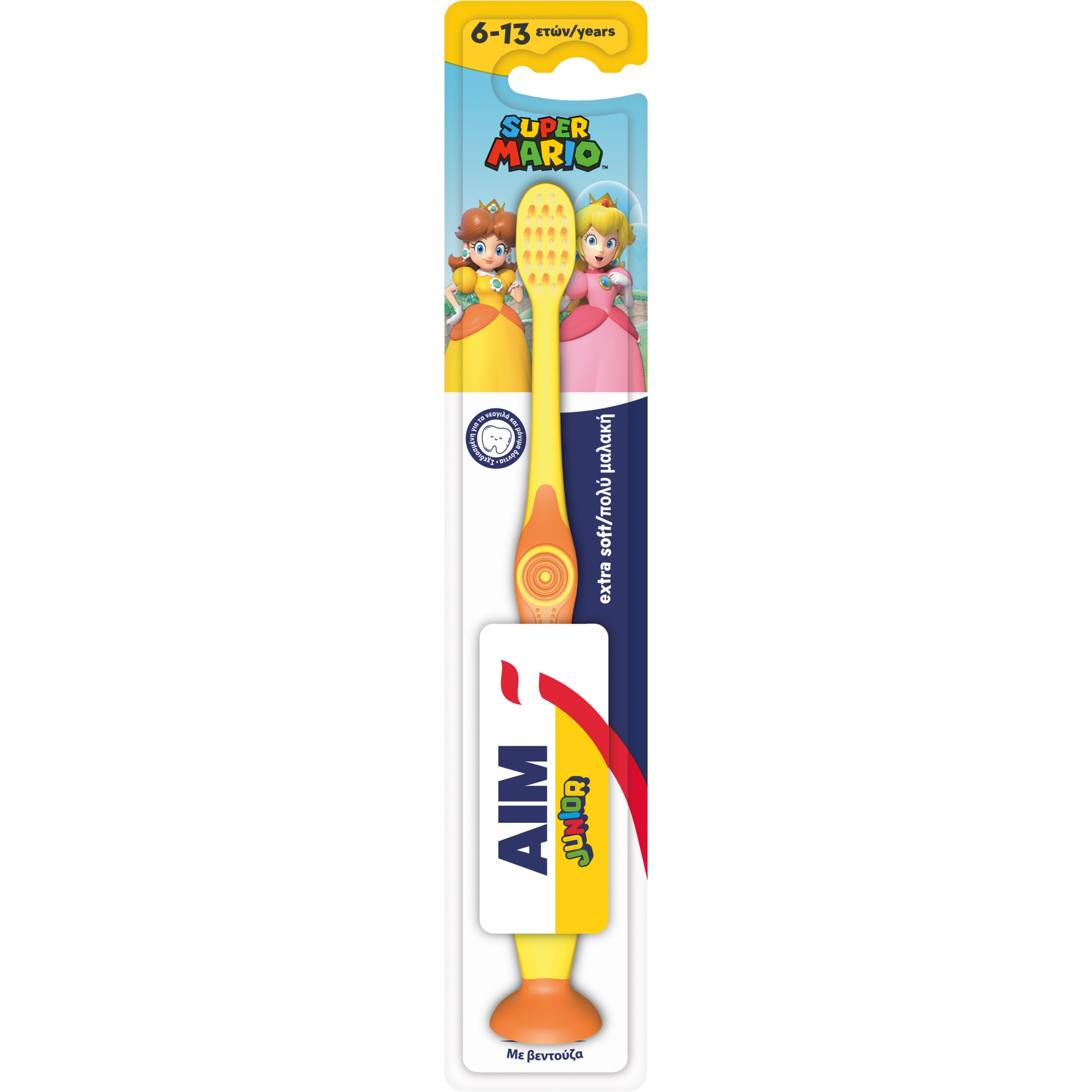 AIM Aim Super Mario Junior Extra Soft Toothbrush 6-13 Years Παιδική Οδοντόβουρτσα με Πολύ Μαλακές Ίνες με Στρογγυλεμένη Κεφαλή 1 Τεμάχιο - Κίτρινο / Πορτοκαλί