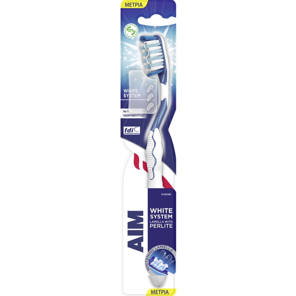 AIM Aim White System Perlite Medium Toothbrush Οδοντόβουρτσα με Μέτριες Ίνες & Ελαστική Μεμβράνη που Περιέχει Περλίτη για πιο Λευκά Δόντια με Προστατευτικό Κάλυμμα 1 Τεμάχιο - Γαλάζιο