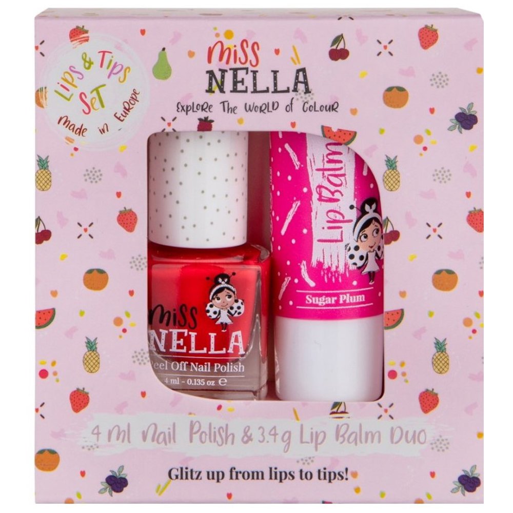 Miss Nella Miss Nella Promo Peel Off Nail Polish Cherry Macaroon 4ml & Lip Balm Sugar Plum 3.4g