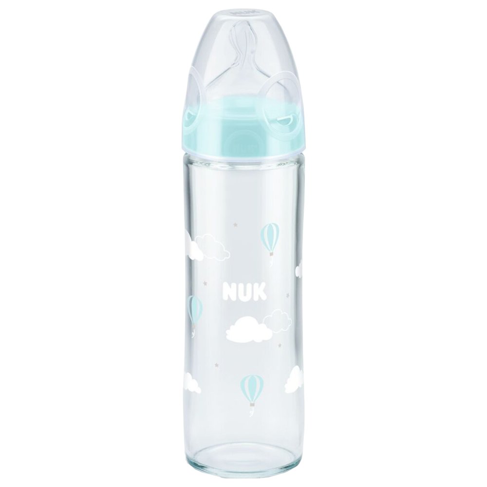 Nuk Nuk New Classic Bottle Silicone Γυάλινο Μπιμπερό Κατά των Κολικών με Θηλή Σιλικόνης 0-6m 240ml 1 Τεμάχιο, Κωδ 10745080  Γαλάζιο