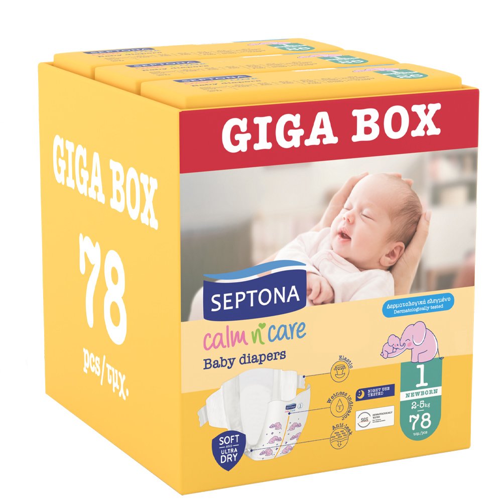 Septona Septona Calm n' Care Baby Diapers Giga Box Newborn No1 (2-5kg) 78 Τεμάχια (3x26 Τεμάχια)