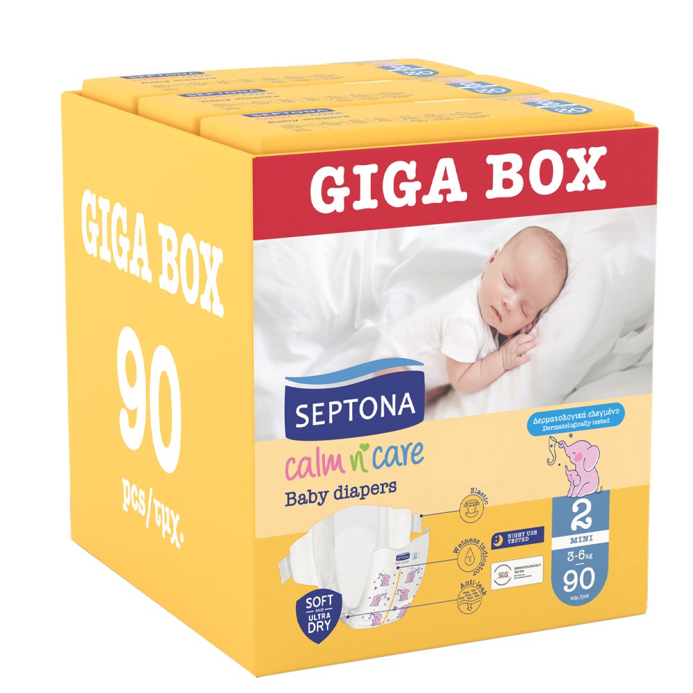 Septona Septona Calm n' Care Baby Diapers Giga Box Mini No2 (3-6kg) 90 Τεμάχια (3x30 Τεμάχια)