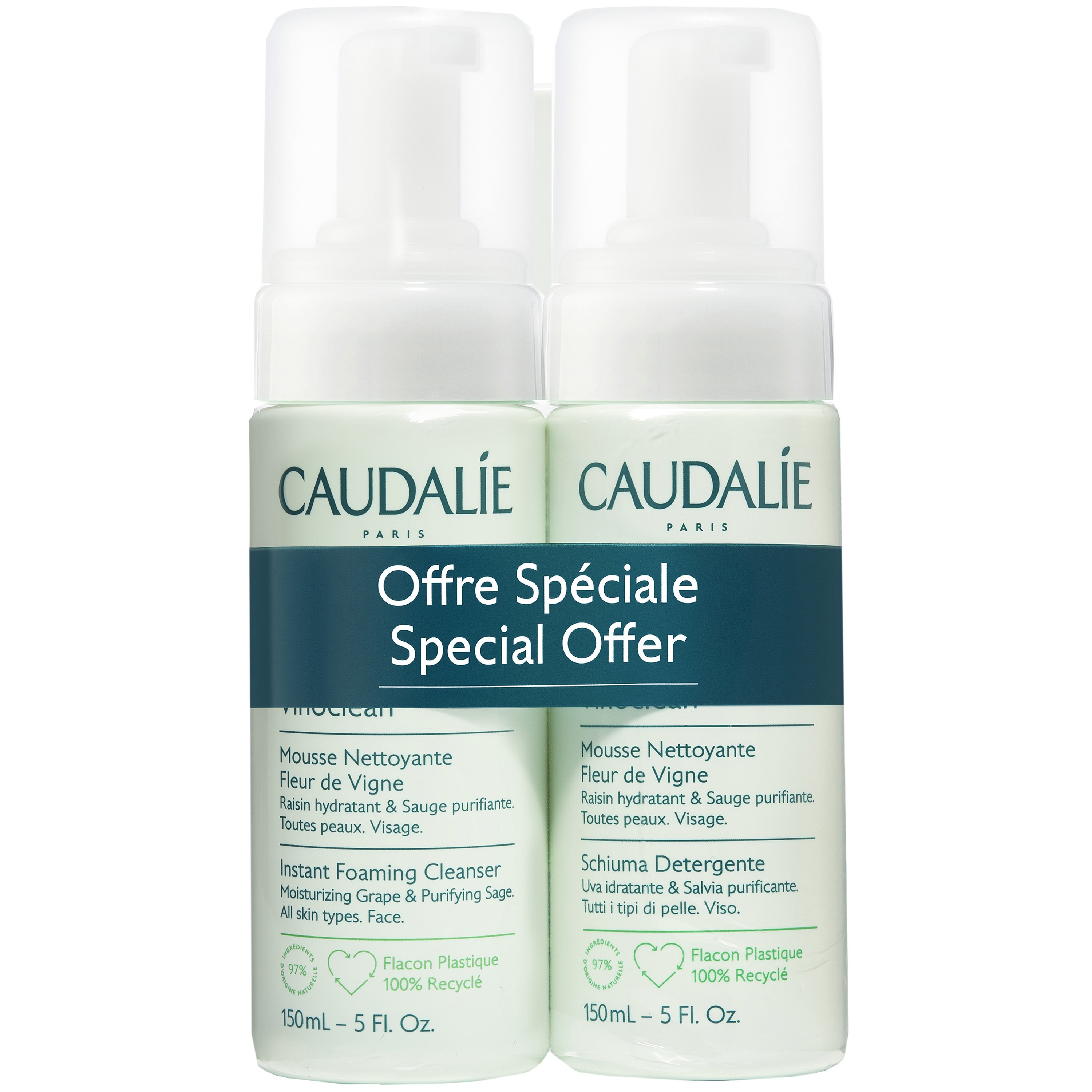 Caudalie Caudalie Πακέτο Προσφοράς Vinoclean Instant Foaming Face Cleanser Εξυγιαντικός Αφρός Καθαρισμού Προσώπου για Όλους τους Τύπους Επιδερμίδας 2x150ml