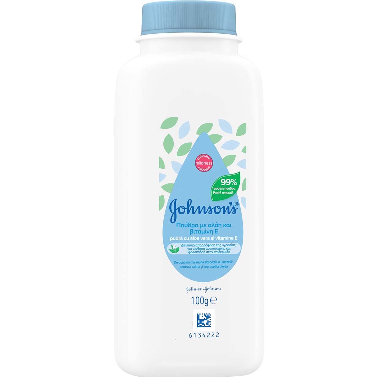 Johnsons & Johnsons Johnson's Aloe & Vitamin E Powder Πούδρα με Αλόη & Βιταμίνη E για Αίσθηση Ανακούφισης & Φρεσκάδας της Επιδερμίδας 100g