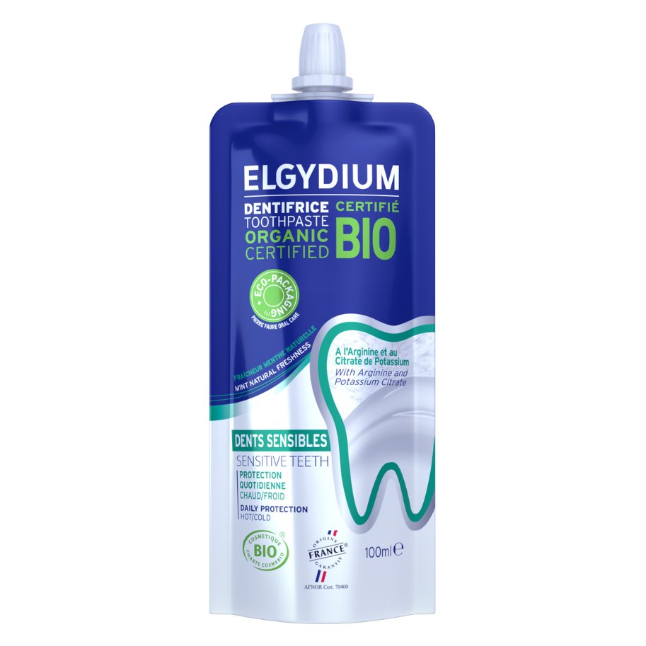 Pierre Fabre Oral Care Elgydium Sensitive Bio Πιστοποιημένη Βιολογική Οδοντόπαστα σε Ανακυκλώσιμη Συσκευασία για Προστασία από την Ευαισθησία των Δοντιών & Φρεσκάδα Μέντας 100ml