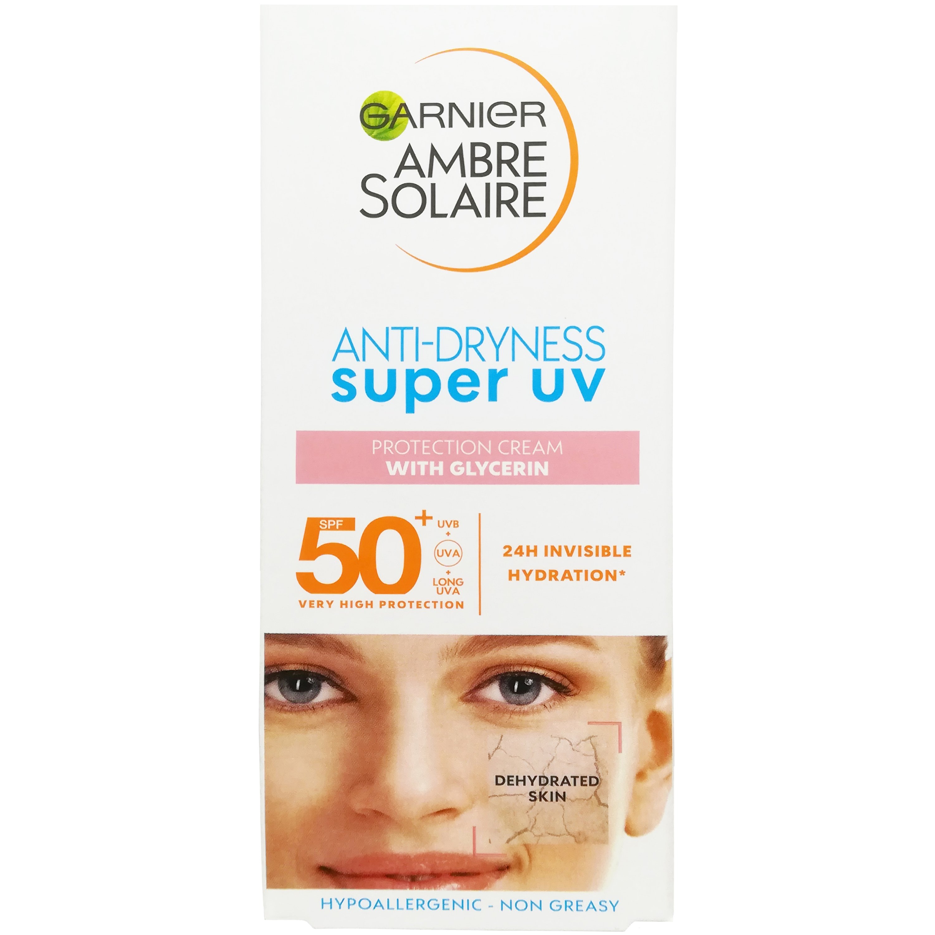 Garnier Garnier Ambre Solaire Anti Dryness Super UV Protection Cream Spf50+ Υποαλλεργική 24h Αντηλιακή Κρέμα Προσώπου Πολύ Υψηλής Προστασίας με Λεπτόρρευστη Υφή 50ml