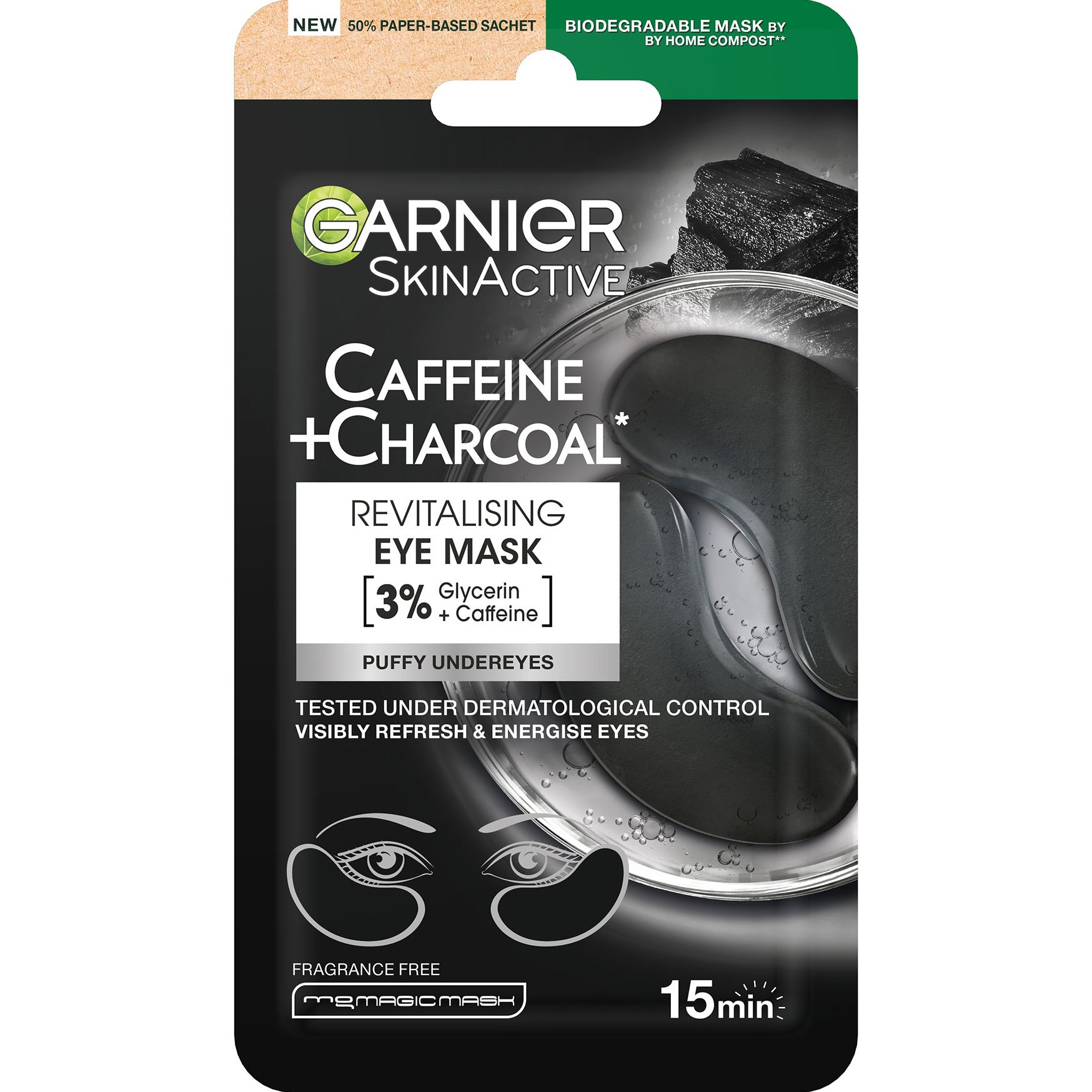 Garnier Garnier SkinActive Caffeine & Charcoal Revitalising Eye Patches Μάσκα Ματιών για Μείωση των Μαύρων Κύκλων & του Πρηξίματος 1 Ζευγάρι