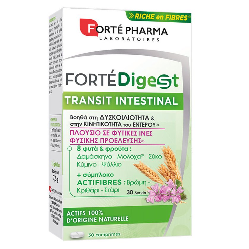 FORTE PHARMA Forte Pharma ForteDigest Transit Intestinal Συμπλήρωμα Διατροφής με 8 Φυτά & Φρούτα για τη Βελτίωση της Κινητικότητας του Εντέρου 30tabs