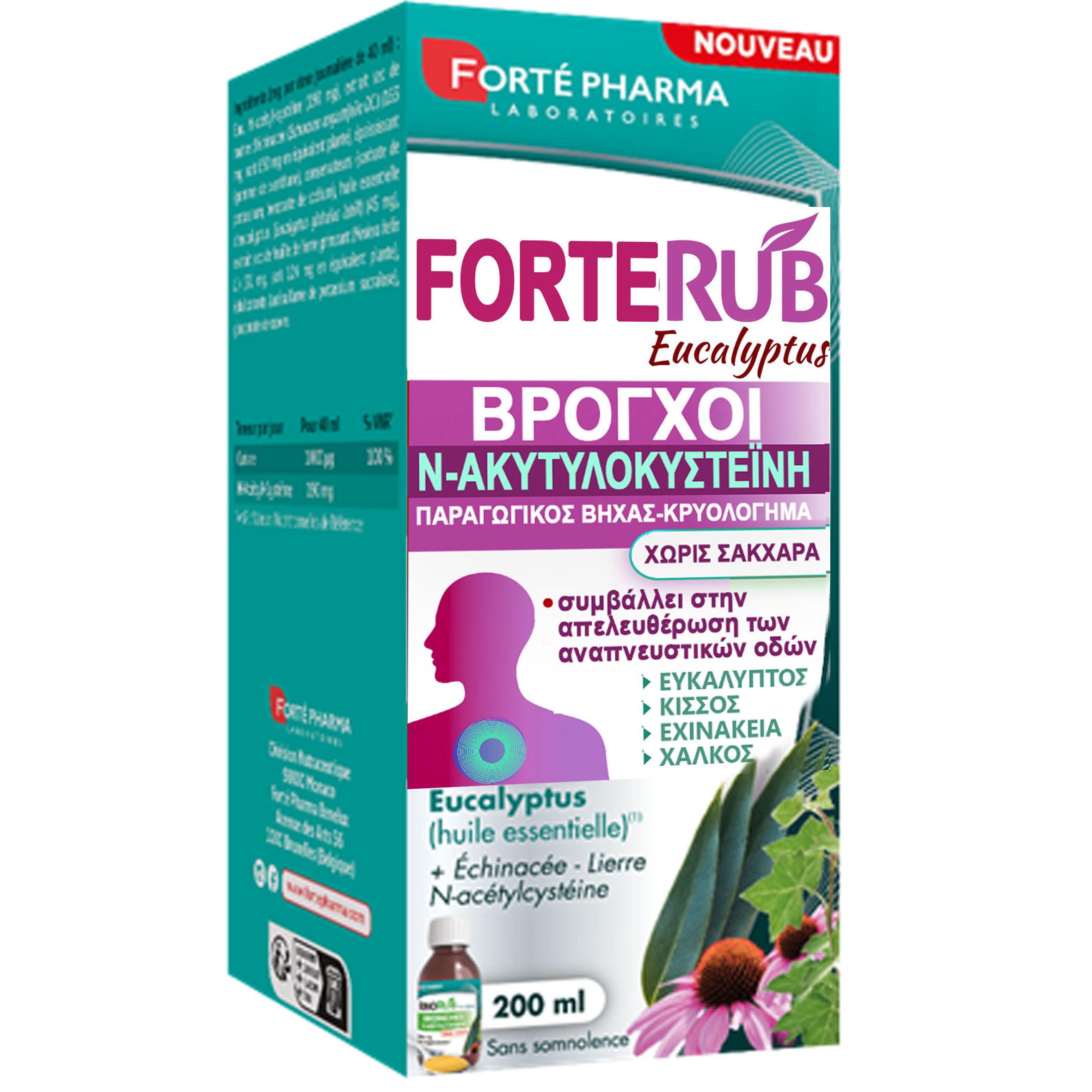 FORTE PHARMA Forte Pharma Forte Rub Eucalyptus Syrup Συμπλήρωμα Διατροφής με Ακετυλοκυστεΐνη & Αιθέρια Έλαια Βοτάνων για Καθαρισμό των Αναπνευστικών Οδών, Αντιμετώπιση του Κρυολογήματος & του Παραγωγικού Βήχα σε Σιρόπι 200ml