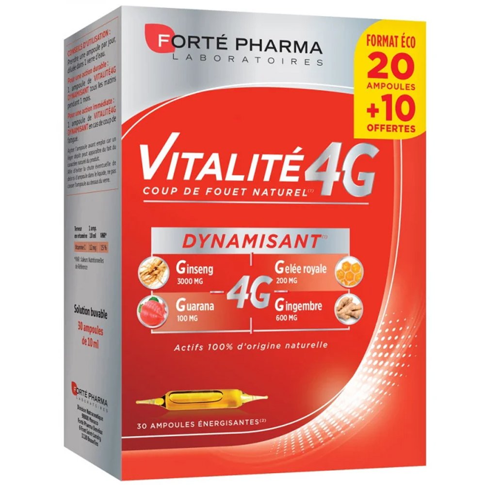 FORTE PHARMA Forte Pharma Vitalite 4G Dynamisant Συμπλήρωμα Διατροφής Άμεσης Τόνωσης & Ενέργειας με Τζίνσενγκ, Γκουαράνα, Βασιλικό Πολτό & Τζίντζερ σε Αμπούλες 30x10ml