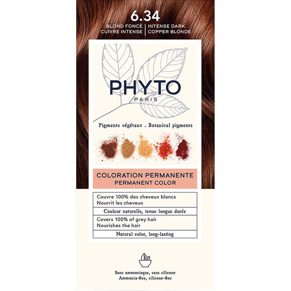 Phyto Paris Phyto Permanent Hair Color Kit Μόνιμη Βαφή Μαλλιών με Φυτικές Χρωστικές, Χωρίς Αμμωνία 1 Τεμάχιο - 6.34 Ξανθό Σκούρο Έντονο Χάλκινο