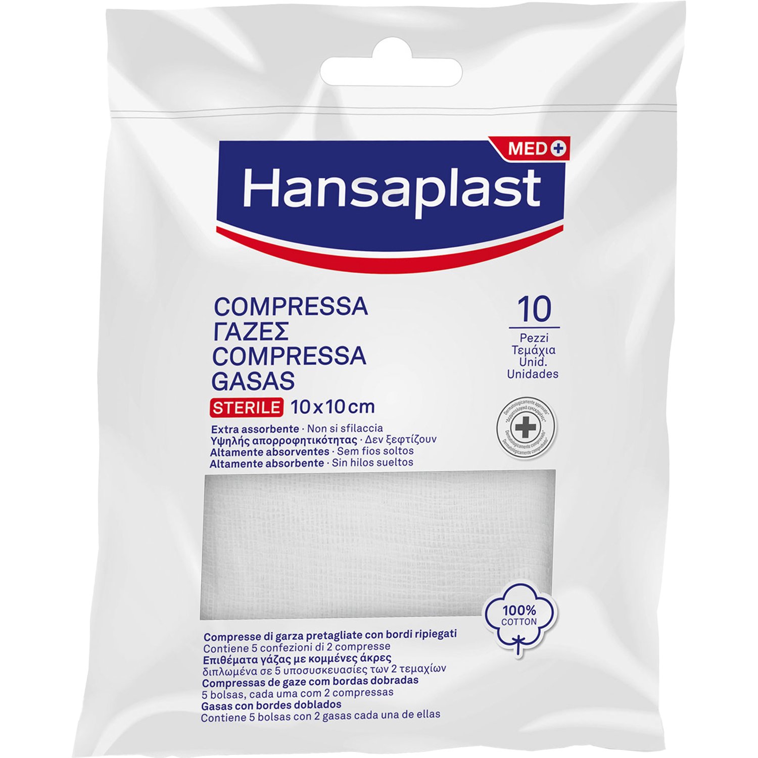 Hansaplast Hansaplast Med+ Sterile Compress 10x10cm Αποστειρωμένα Επιθέματα Γάζας για τον Καθαρισμό & την Κάλυψη των Πληγών 10 Τεμάχια (5x2 Τεμάχια)