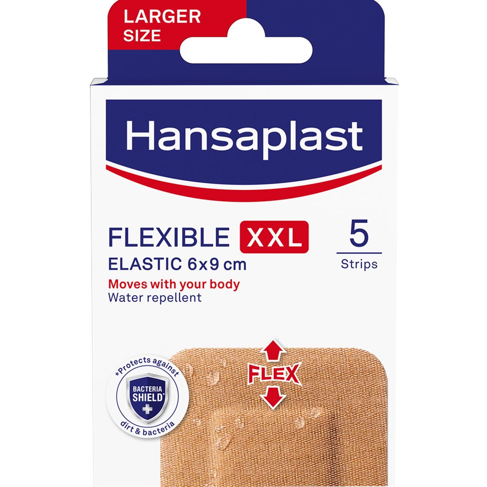 Hansaplast Hansaplast Flexible Strips XXL Elastic 6x9cm Εύκαμπτα & Αδιάβροχα Επιθέματα που Καλύπτουν & Προστατεύουν Μεσαίου Έως Μεγαλύτερου Μεγέθους Πληγές 5 Τεμάχια