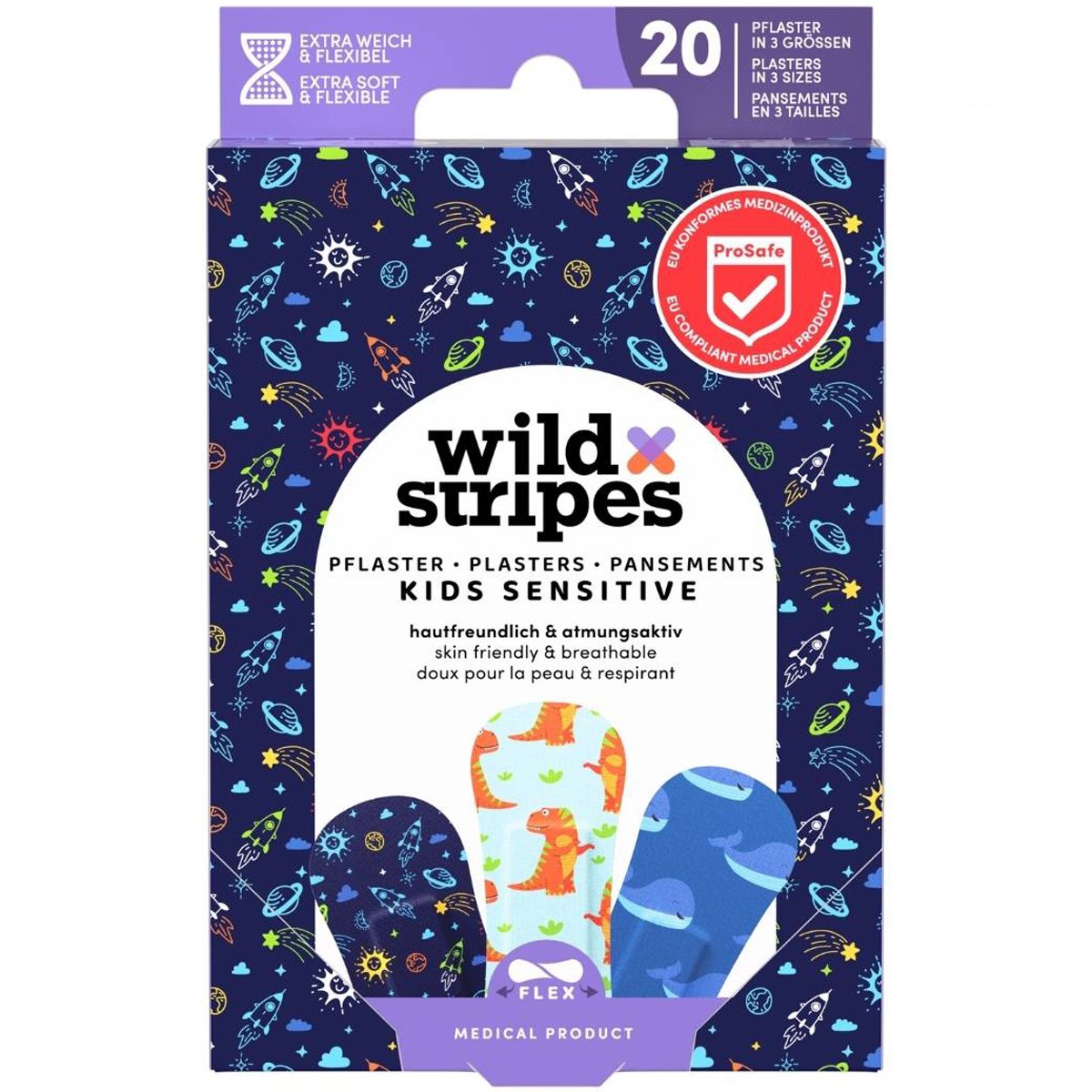 Wild Stripes Wild Stripes Kids Space Plasters Υποαλλεργικά Αυτοκόλλητα Παιδικά Επιθέματα για την Κάλυψη & Προστασία Μικρών Πληγών Φιλικά με την Επιδερμίδα για Βέλτιστη Επούλωση 20 Τεμάχια