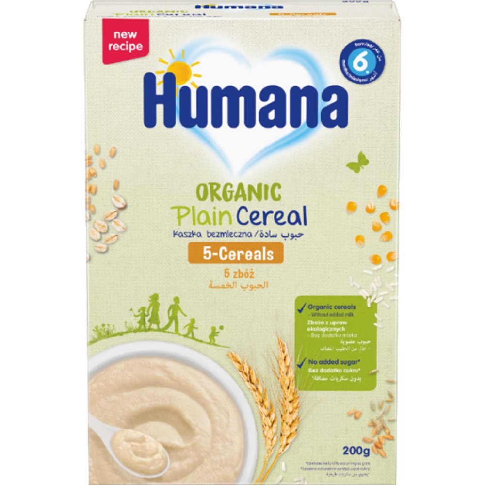 Humana Humana Organic Plain 5 Cereals Βιολογική Κρέμα με 5 Δημητριακά Ολικής Άλεσης Χωρίς Γάλα & Προσθήκη Ζάχαρης από τον 6ο Μήνα 200g