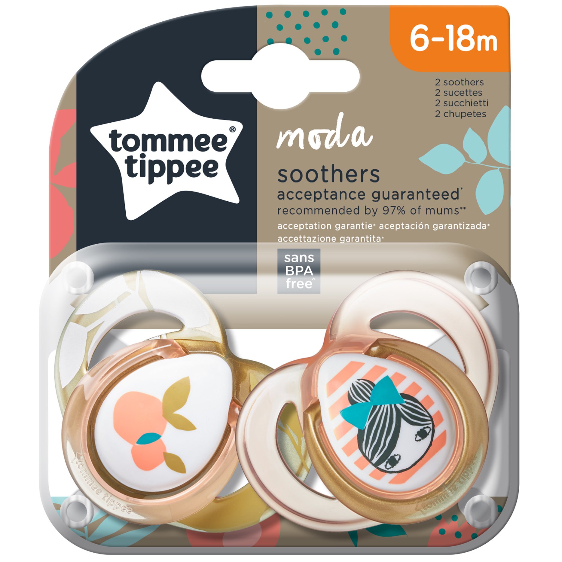 Tommee Tippee Tommee Tippee Moda Soothers Κωδ 433489 Ορθοδοντική Πιπίλα Σιλικόνης με Σχέδιο 6-18m Πορτοκαλί 2 Τεμάχια