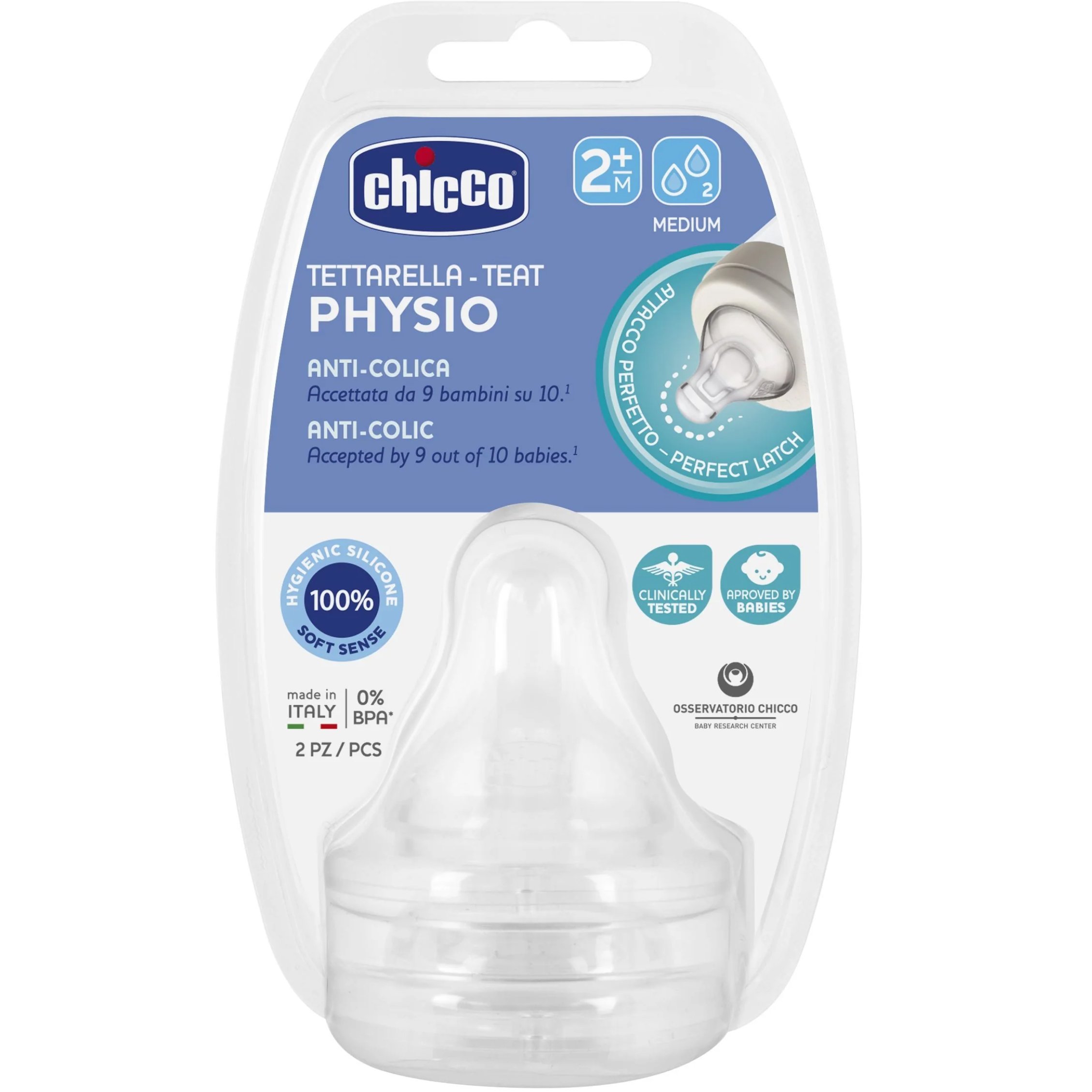 Chicco Physio Anti-colic Silicone Teat 2m+ Θηλή Σιλικόνης Μέτριας Ροής 2 Τεμάχια