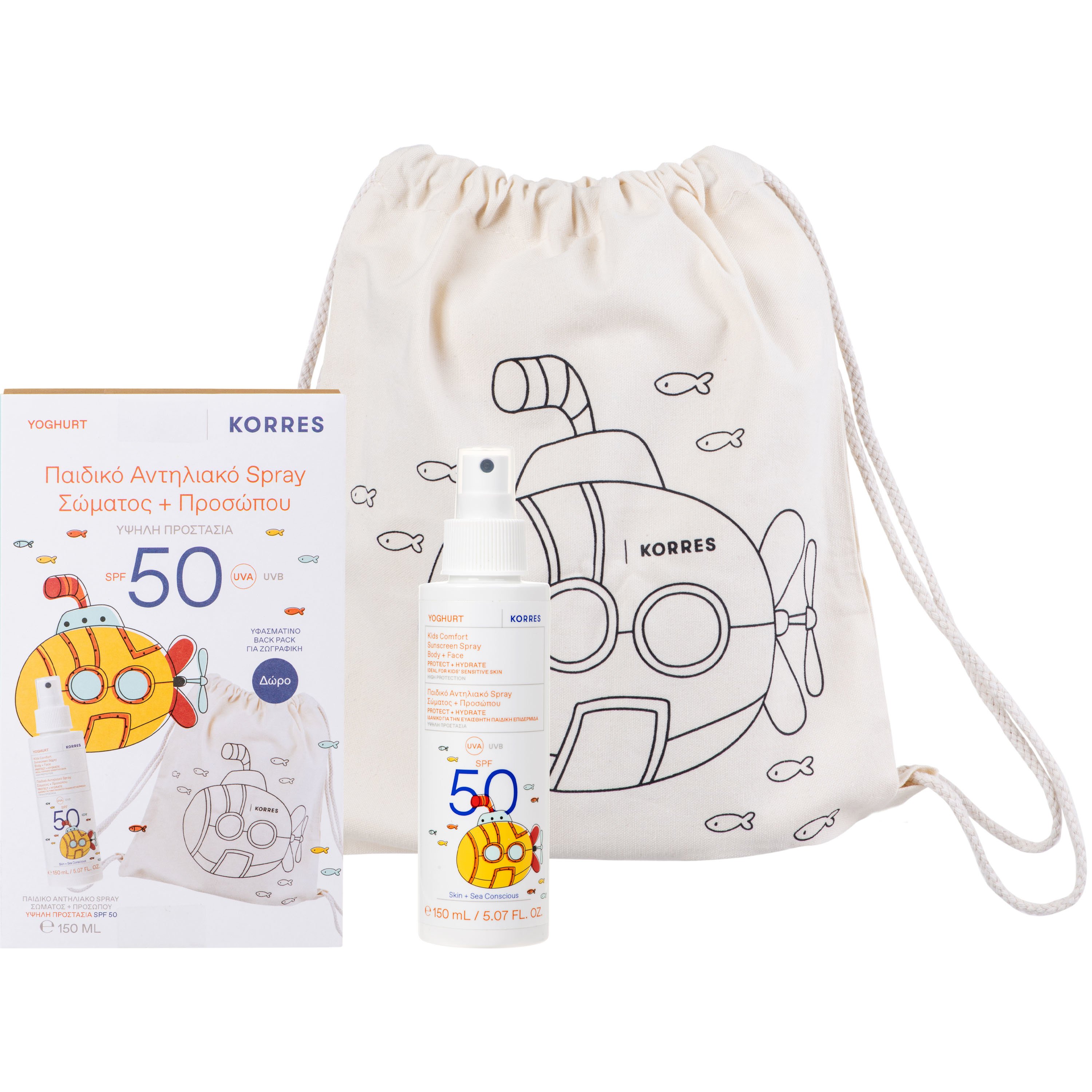 Korres Korres Promo Yoghurt Kids Sunscreen Comfort Spray Face - Body Spf50, 150ml & Δώρο Back Pack 1 Τεμάχιο