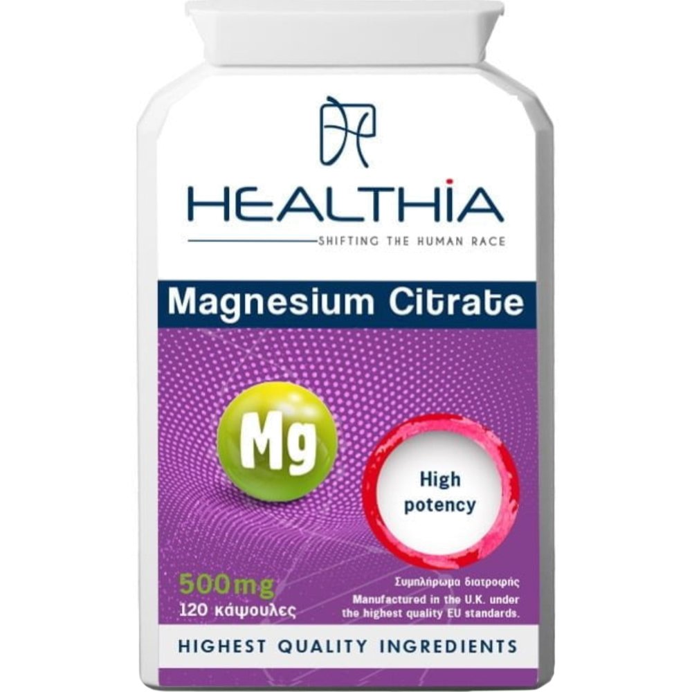 Healthia Healthia Magnesium Citrate 500mg High Potency Συμπλήρωμα Διατροφής με Μαγνήσιο Κιτρικής Μορφής Υψηλής Απορροφησιμότητας για την Καλή Λειτουργία του Νευρικού & Μυοσκελετικού Συστήματος 120caps