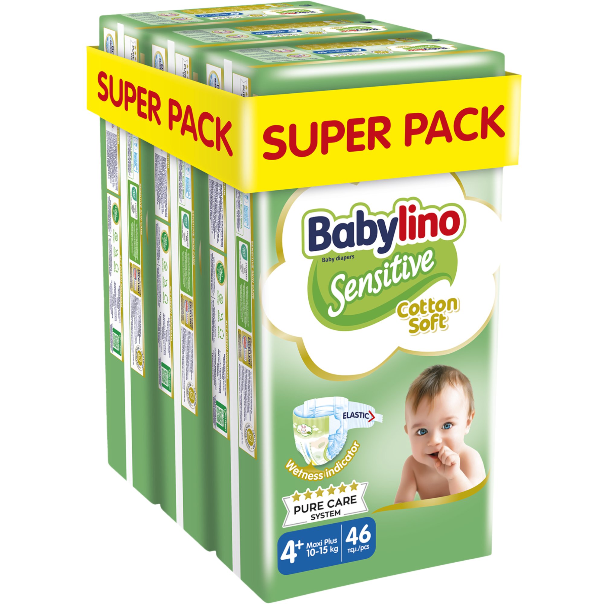 Σετ Babylino Sensitive Cotton Soft Maxi Plus Νο4+ (10-15kg) 138 Τεμάχια (3x46 Τεμάχια)