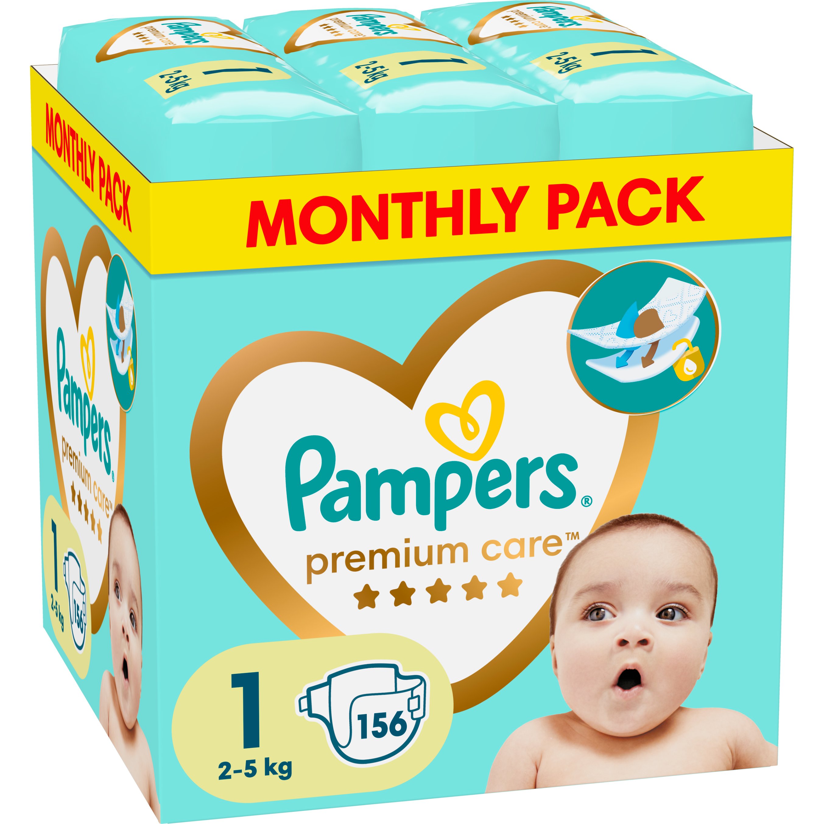 Pampers Premium Care Monthly Pack Νο1 (2-5kg) 156 Τεμάχια (3x52 Τεμάχια)