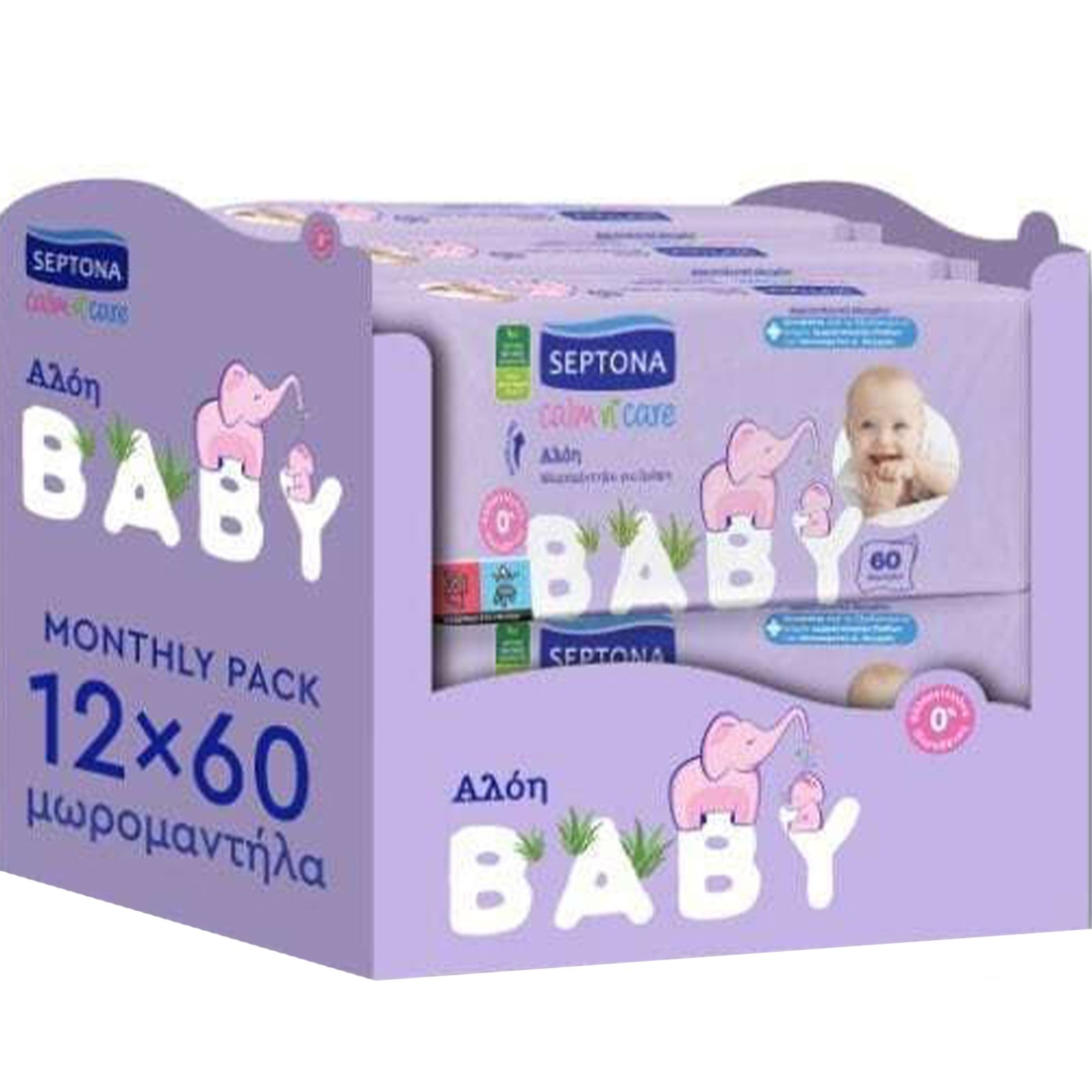 Septona Septona Baby Calm n' Care Wipes Aloe Monthly Pack Απαλά Βρεφικά Μωρομάντηλα με Αλόη σε Οικονομική Συσκευασία 720 Τεμάχια (12x60 Τεμάχια)