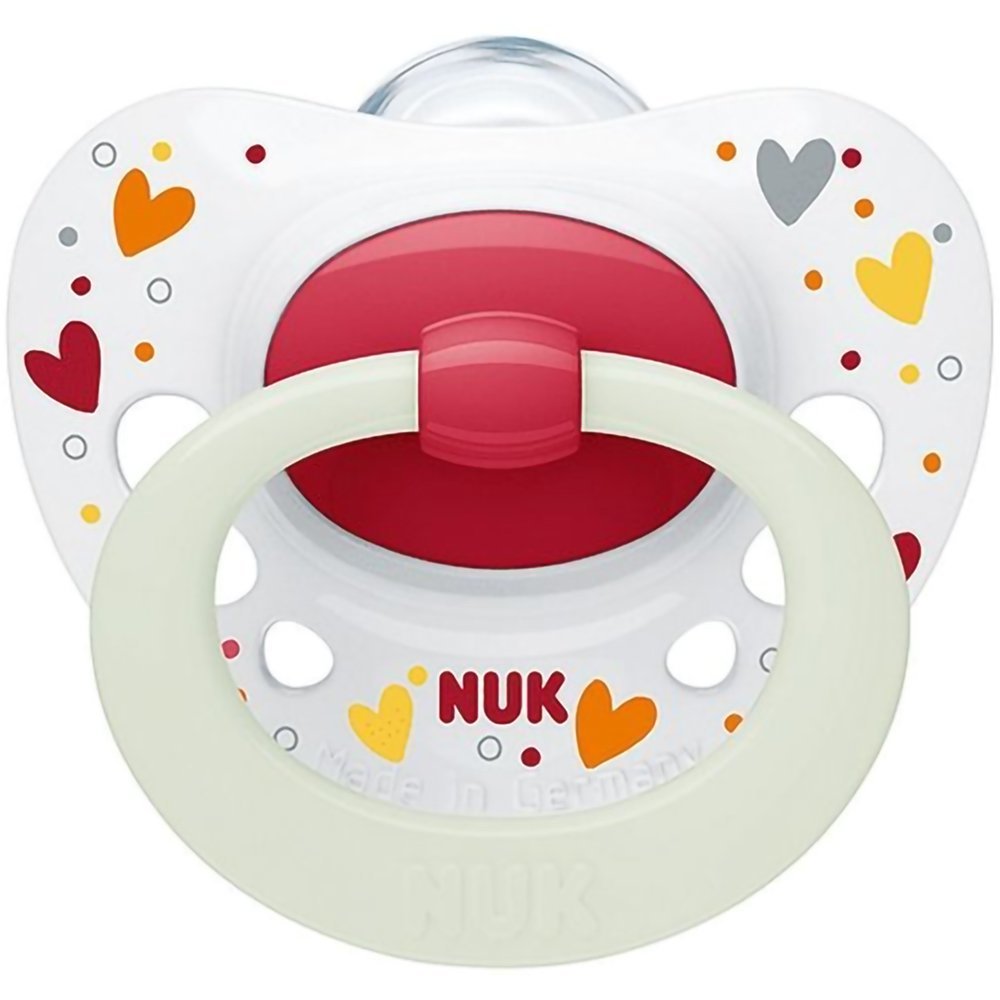 Nuk Nuk Signature Night Orthodontic Silicone Soother Λευκό / Μπορντό 0-6m Ορθοδοντική Πιπίλα Σιλικόνης που Λάμπει στο Σκοτάδι 1 Τεμάχιο, Κωδ 10730653