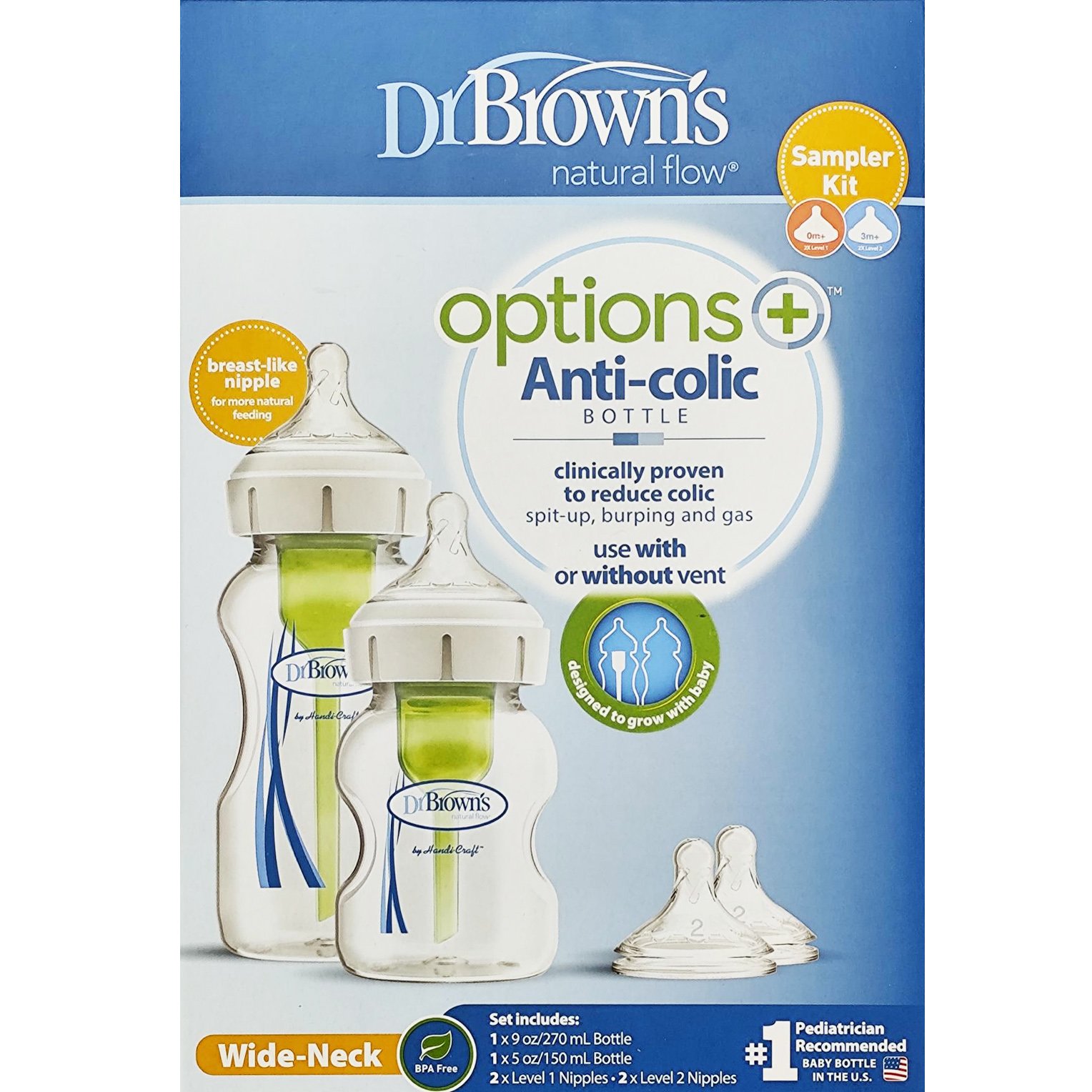 Dr. Brown’s Promo Options+ Anti-colic Plastic Bottle Wide Neck 0m+ (1x270ml) & (1x150ml) & Natural Flow Level 1 & Level 2 Silicone Teat (2x2Τεμάχια) φωτογραφία