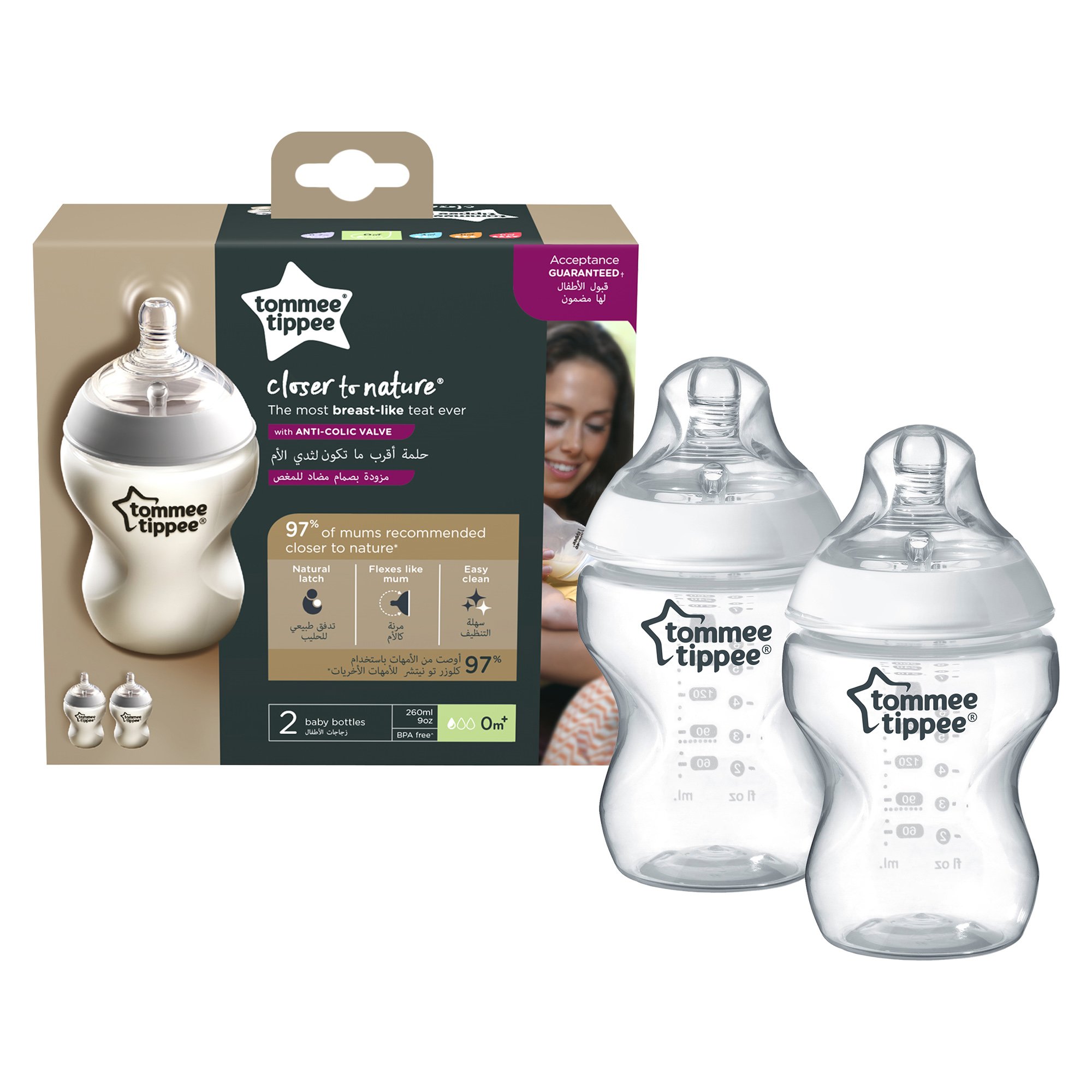 Tommee Tippee Tommee Tippee Closer to Nature Baby Bottle 0m+ Κωδ 42252085 Μπιμπερό Πολυπροπυλενίου Αργής Ροής με Θηλή Σιλικόνης Κατά των Κολικών 2x260ml