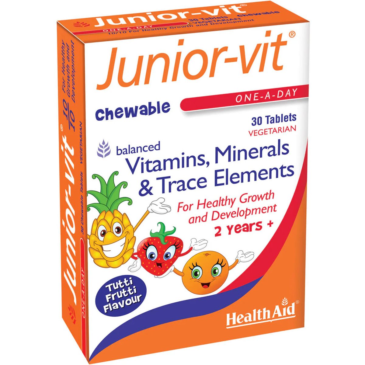 Health Aid Health Aid Junior-Vit Συμπλήρωμα Διατροφής Πολυβιταμινών & Μετάλλων για Ενίσχυση Ανοσοποιητικού, Φυσιολογική Ανάπτυξη του Εγκεφάλου & Τόνωση με Αντιοξειδωτικές Ιδιότητες για Παιδιά με Γεύση Φρούτων 30 Chew.tabs