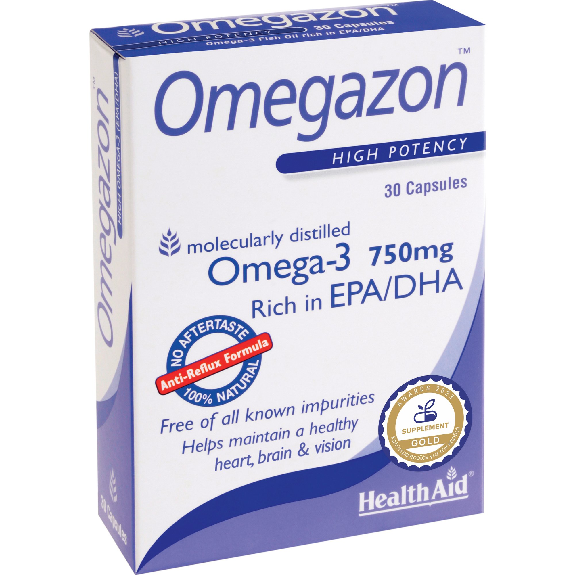 Health Aid Health Aid Omegazon Omega-3 750mg Συμπλήρωμα Διατροφής Συμπυκνωμένου Ιχθυελαίου Πλούσιο σε Ωμέγα 3 & Βιταμίνη Ε για την Καλή Λειτουργία του Καρδιαγγειακού Συστήματος, Ομαλή Αρτηριακή Πίεση & Καλή Όραση Χωρίς Επίγευση Ψαριού 30caps