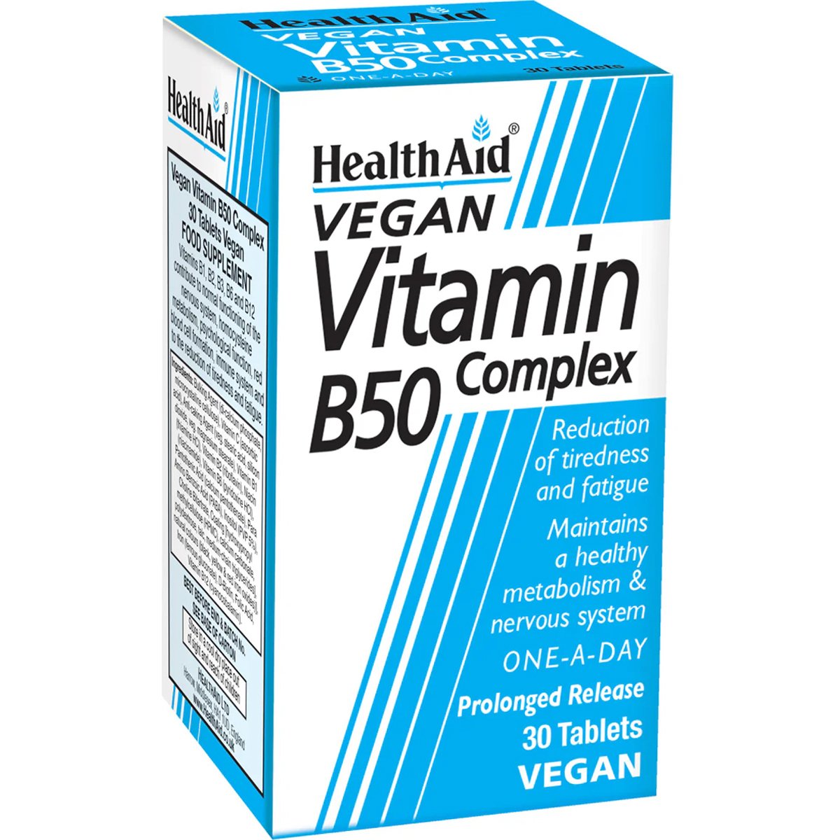 Health Aid Health Aid Vegan Vitamin B50 Complex Συμπλήρωμα Διατροφής Συμπλέγματος Βιταμινών Β σε Ταμπλέτες Βραδείας Αποδέσμευσης για τη Φυσιολογική Λειτουργία του Νευρικού Συστήματος, Ενέργεια Κατά της Κόπωσης & Υγιή Μαλλιά Νύχια & Δέρμα 30tabs