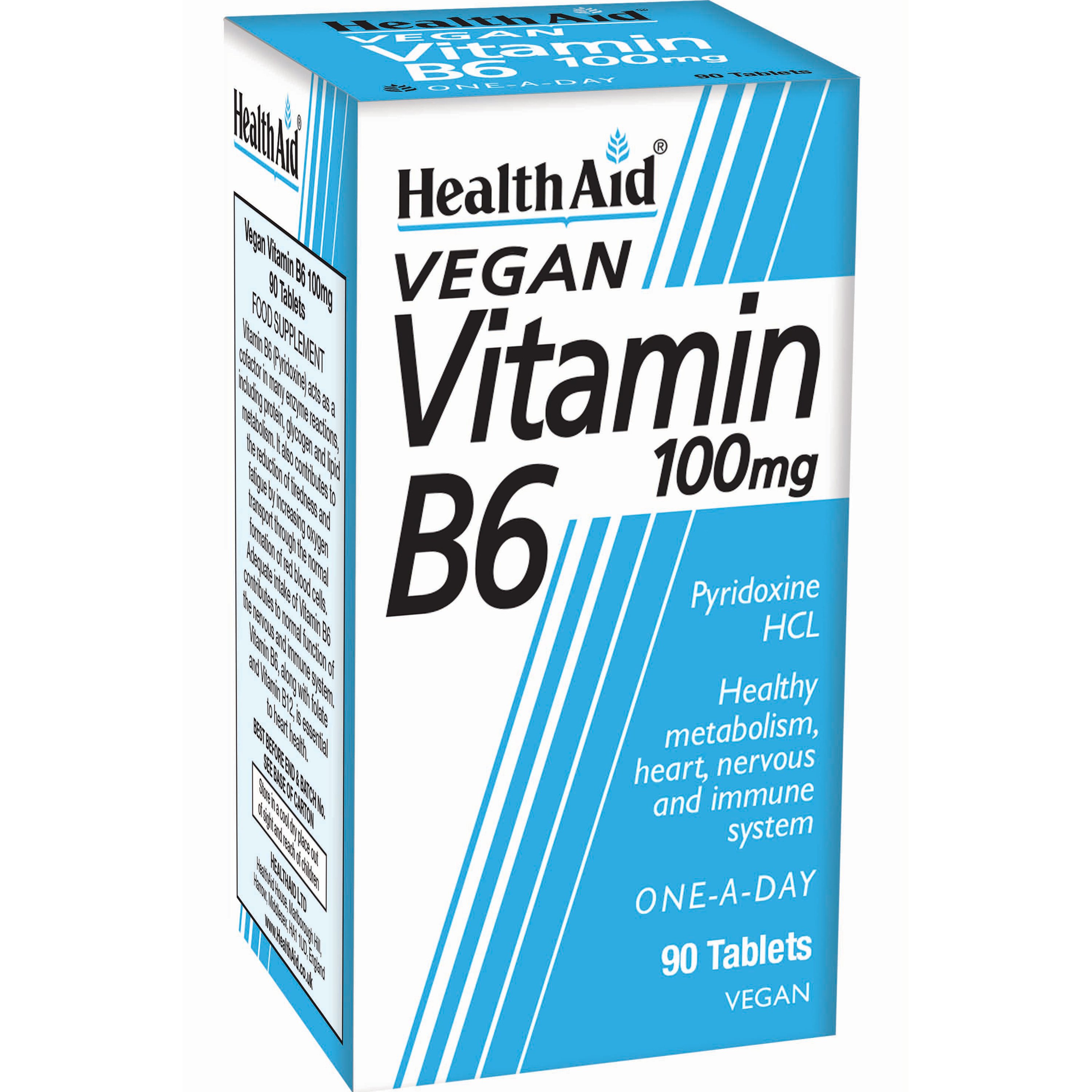 Health Aid Vegan Vitamin B6 100mg Συμπλήρωμα Διατροφής Βιταμίνης Β6 για Ενεργοποίηση του Μεταβολισμού, Καλή Λειτουργία του Νευρικού συστήματος & Ενέργεια Κατά της Κόπωσης 90tabs