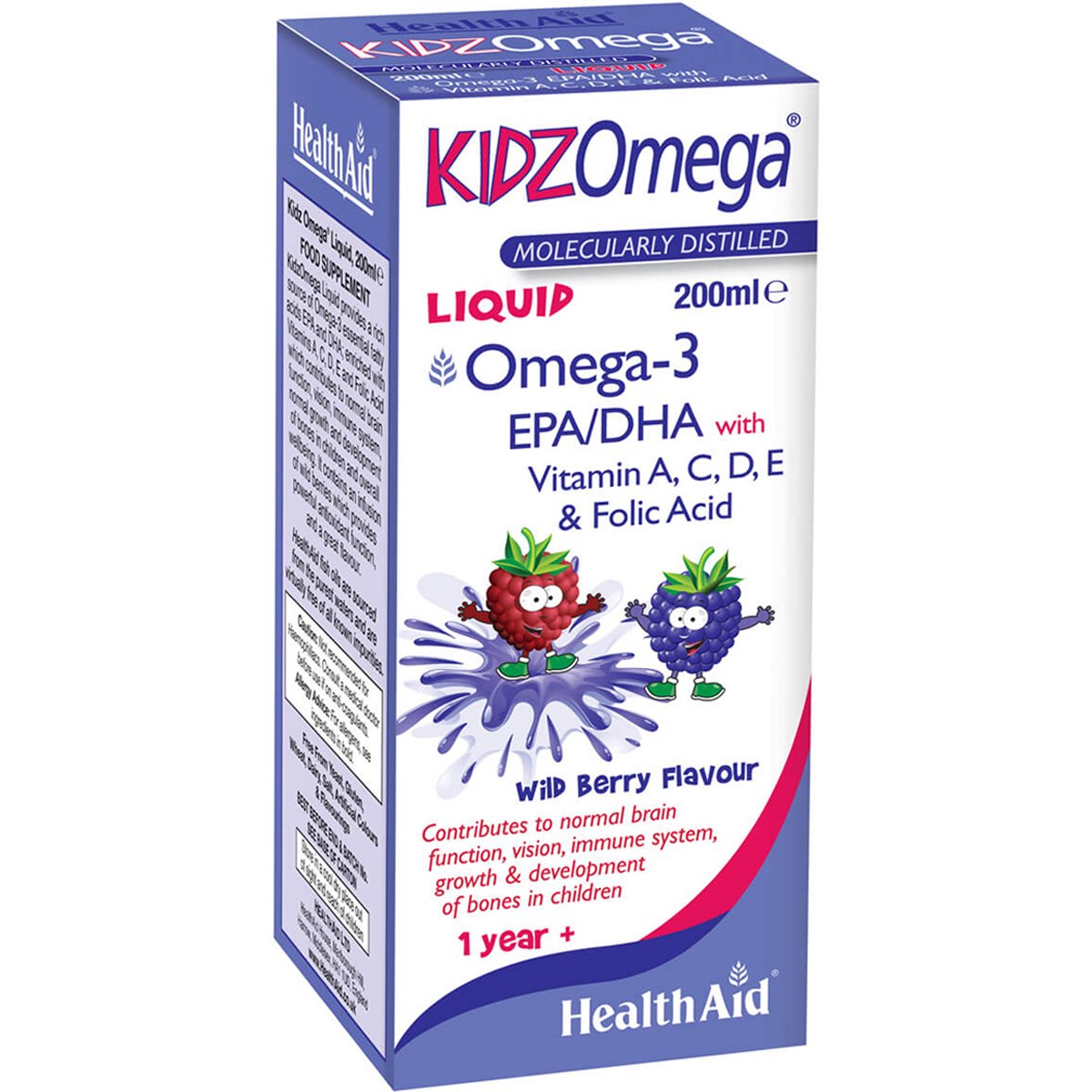 Health Aid Health Aid KIDZ Omega Liquid Συμπλήρωμα Διατροφής Ωμέγα 3 & Βιταμινών σε Πόσιμο Υγρό για τη Σωστή Ανάπτυξη & Λειτουργία του Εγκεφάλου & της Όρασης για Παιδιά με Γεύση Βατόμουρο 200ml