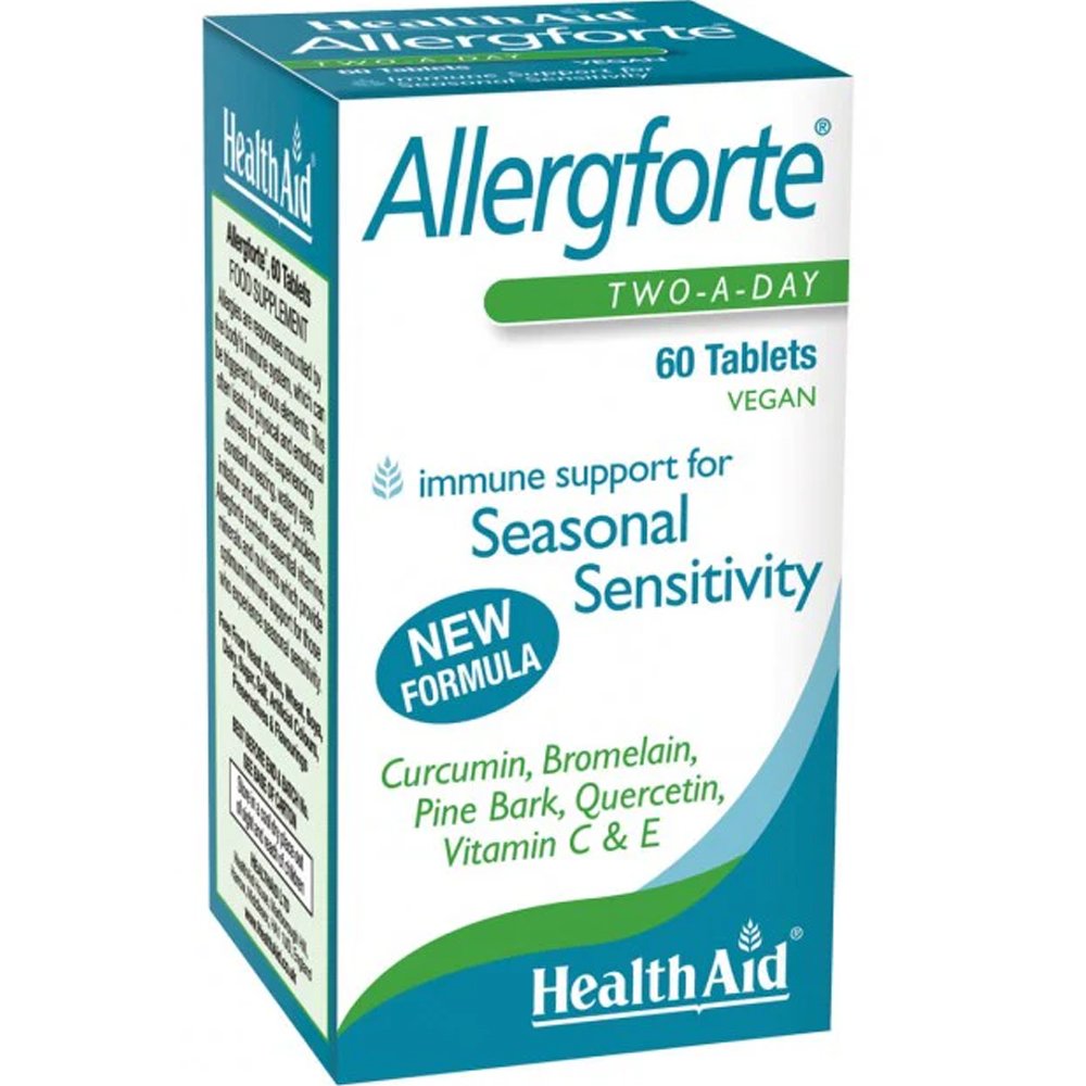 Health Aid Health Aid Allergforte Συμπλήρωμα Διατροφής Βιταμινών, Εκχυλίσματος Φλοιού Πεύκου, Κουρκουμά & Ενζύμων για την Αντιμετώπιση των Εποχιακών Αλλεργιών, Ενίσχυση του Ανοσοποιητικού με Αντιφλεγμονώδη Δράση  60tabs