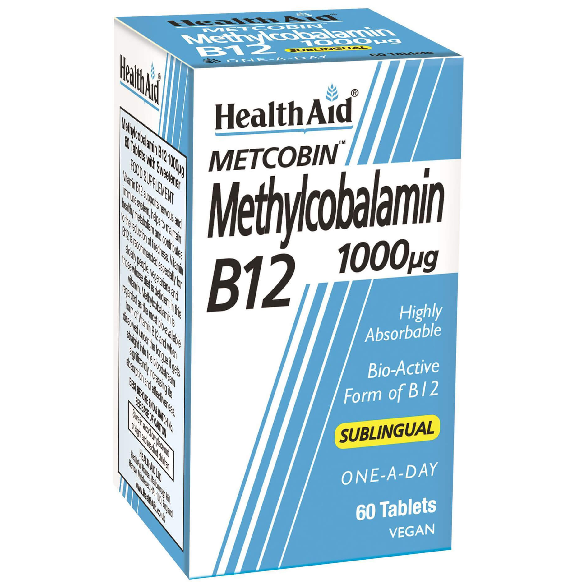 Health Aid Health Aid Metcobin Methylcobalamin B12 1000μg Συμπλήρωμα Διατροφής Βιταμίνης Β12 για Ενέργεια & Καλή Λειτουργία του Νευρικού & Κυκλοφορικού Συστήματος σε Υπογλώσσια Δισκία με Γεύση Φραγκοστάφυλο 60tabs