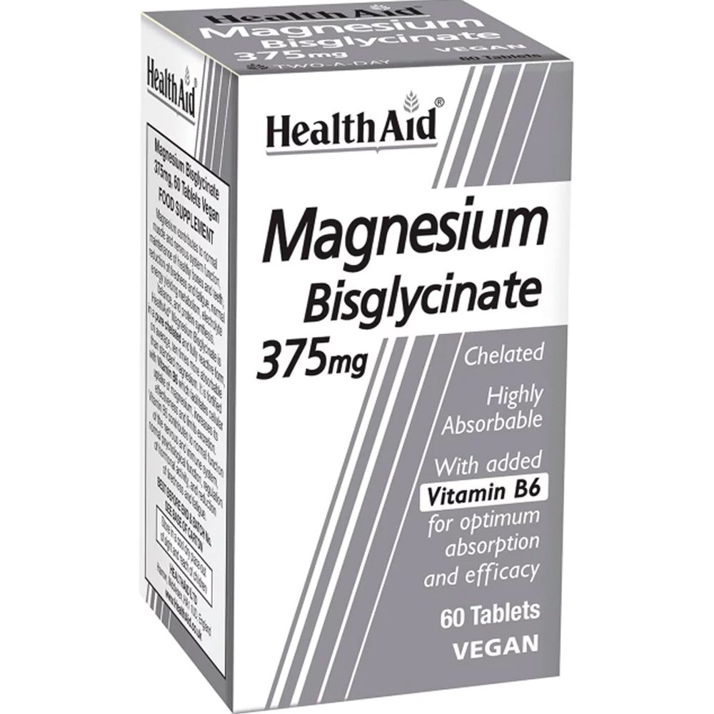 Health Aid Health Aid Magnesium Bisglycinate 375mg & Vitamin B6 Συμπλήρωμα Διατροφής Χηλικού Μαγνησίου Υψηλής Απορρόφησης & Βιταμίνης Β6 για την Καλή Λειτουργία του Μυϊκού, Νευρικού Συστήματος & Οστών 60tabs