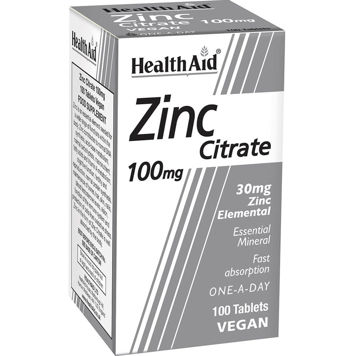 Health Aid Health Aid Zinc Citrate 100mg Συμπλήρωμα Διατροφής με Κιτρικό Ψευδάργυρο για την Ενίσχυση του Ανοσοποιητικού Συστήματος & την Καλή Υγεία των Μαλλιών, Νυχιών & Δέρματος 100tabs