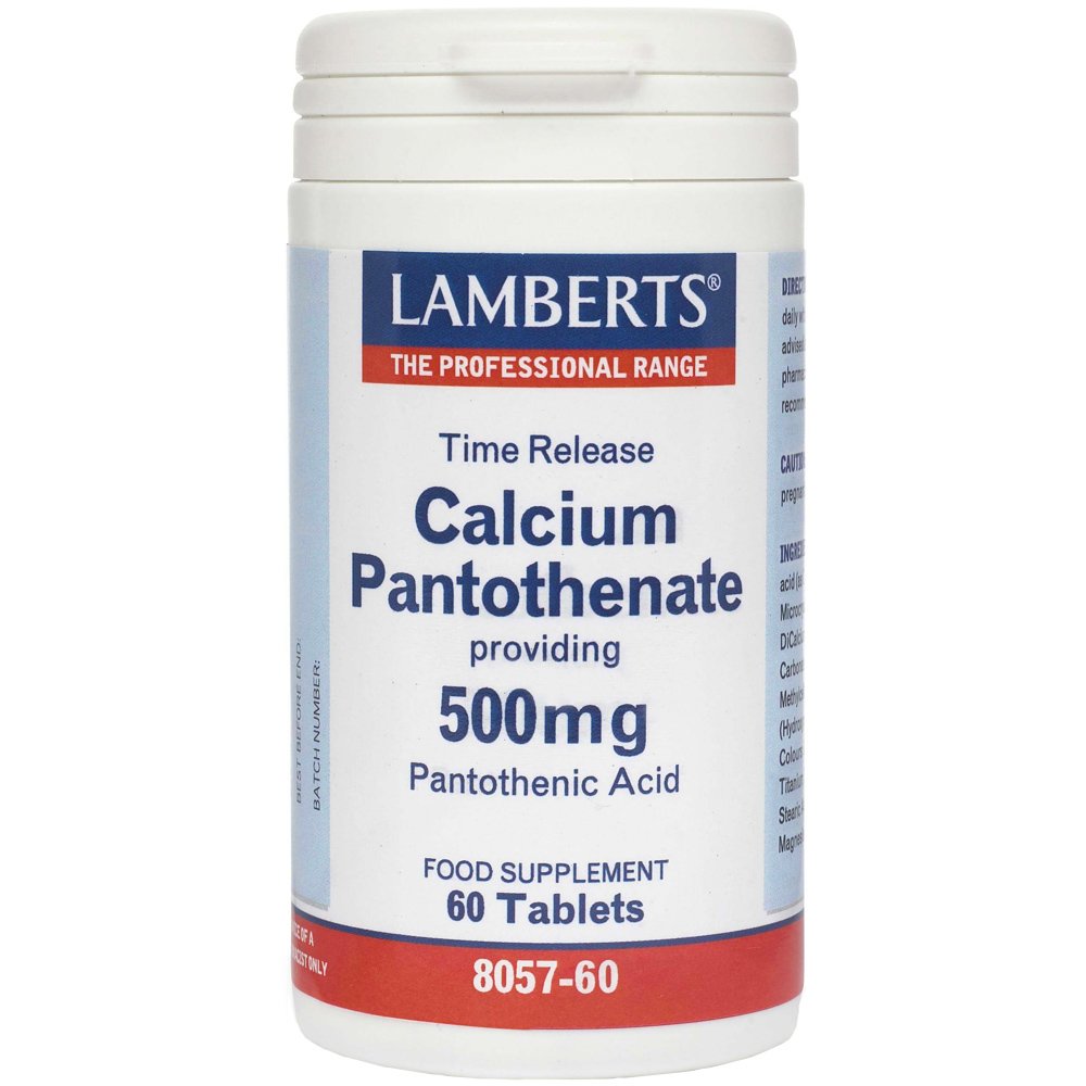 Lamberts Lamberts Calcium Pantothenate Συμπλήρωμα Διατροφής Βιταμίνης Β5 σε Μορφή Παντοθενικού Ασβεστίου Ελεγχομένης Αποδέσμευσης για την Αντιμετώπιση Κόπωσης & Κούρασης, Ενέργεια & Νοητική Διαύγεια 500mg, 60tabs