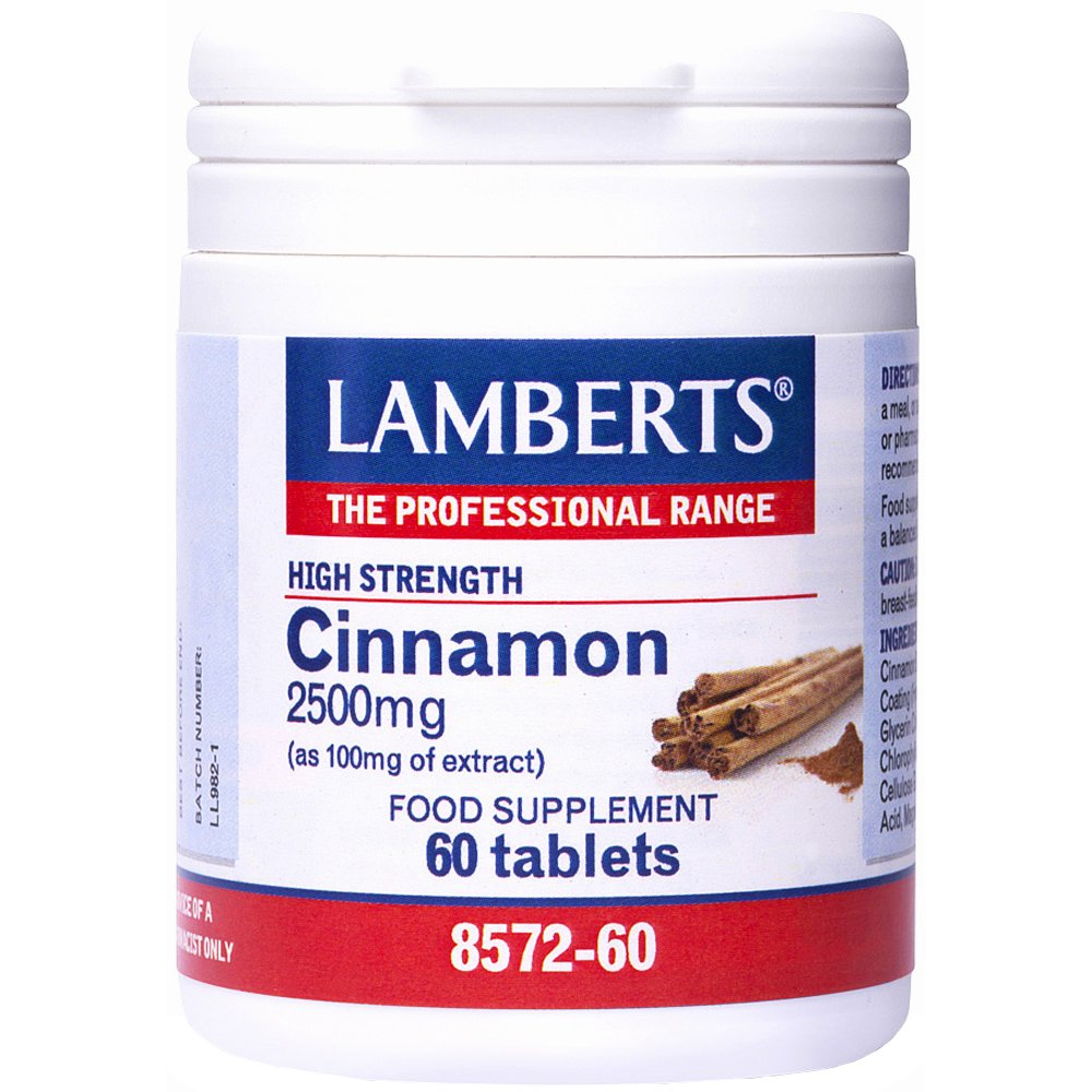 Lamberts Lamberts Cinnamon Συμπλήρωμα Διατροφής Εκχυλίσματος Κανέλας για τη Ρύθμιση των Επιπέδων της Γλυκόζης στο Αίμα με Αντιοξειδωτικές Ιδιότητες που Βοηθά Κατά την Πέψη 2500mg, 60tabs