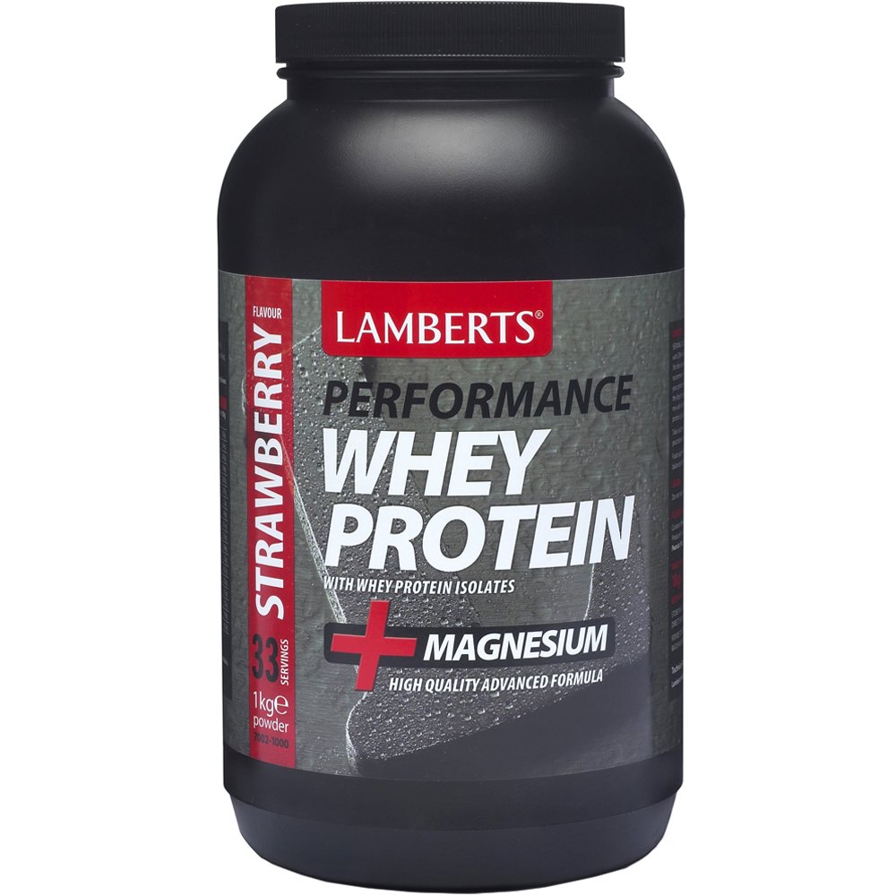 Lamberts Lamberts Performance Whey Protein Powder Magnesium Συμπλήρωμα Διατροφής Πρωτεΐνης Ορού Γάλακτος σε Σκόνη με Μαγνήσιο για Μυϊκή Αποκατάσταση & Όγκο με Γεύση Φράουλα 1000gr