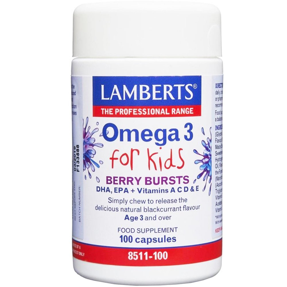 Lamberts Lamberts Omega 3 for Kids Berry Bursts Συμπλήρωμα Διατροφής για Παιδιά από 3 Ετών με Ω3 & Βιταμίνες για τη Σωστή Ανάπτυξη του Εγκεφάλου σε Μασώμενη Κάψουλα με Γεύση Φραγκοστάφυλο 100caps